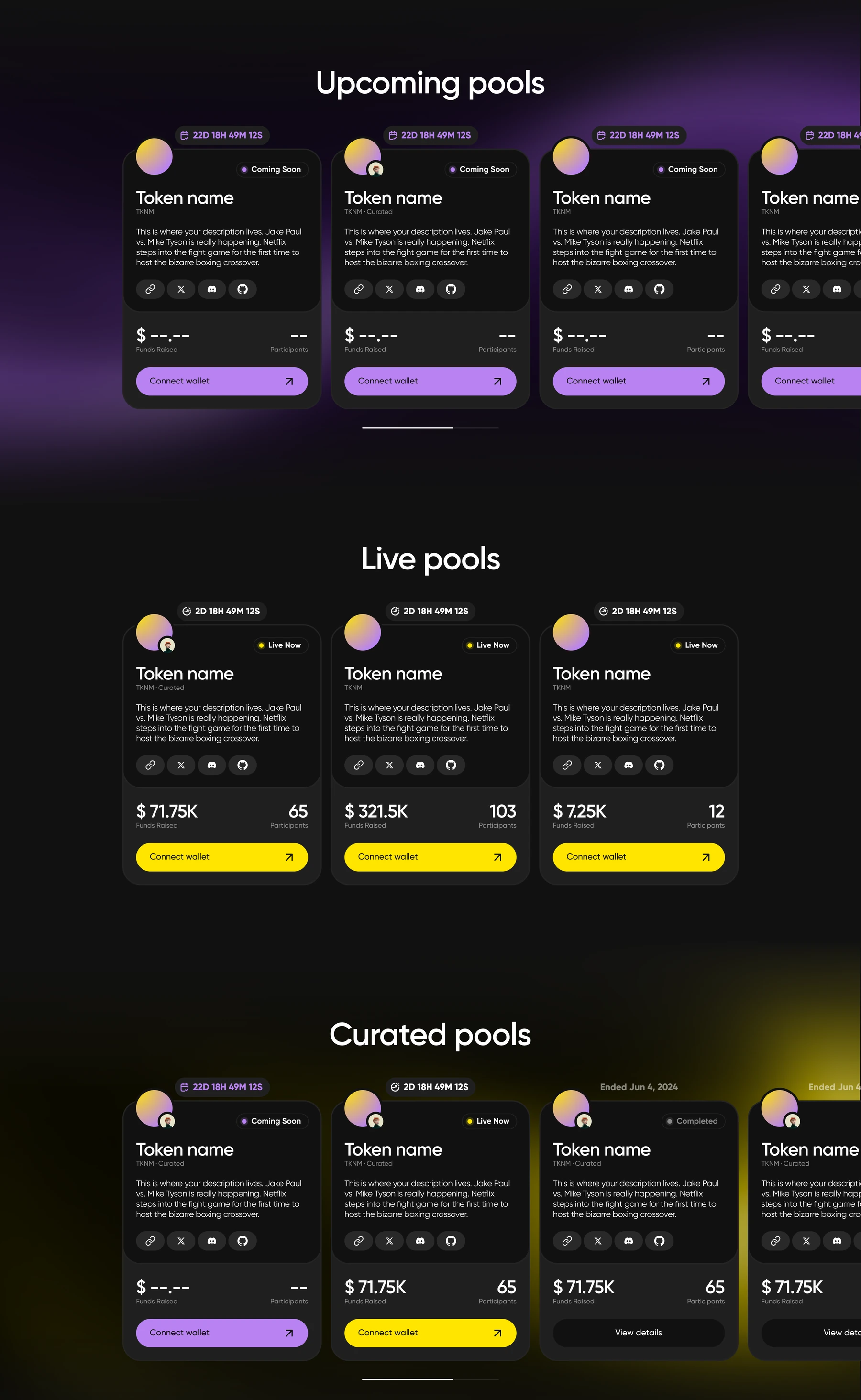 Upcoming, live and curated pools · desktop