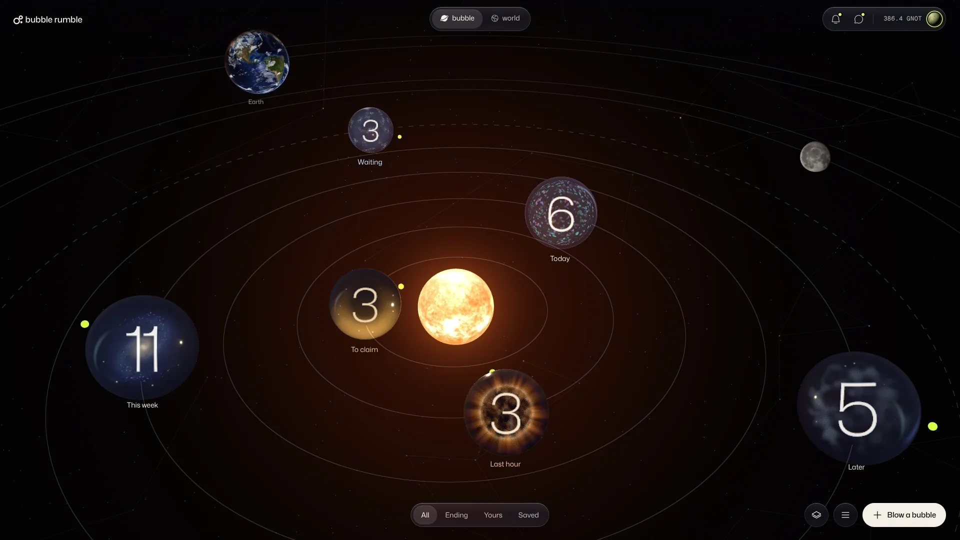 Bubbles on orbits round a small star, the planets on their real orbits