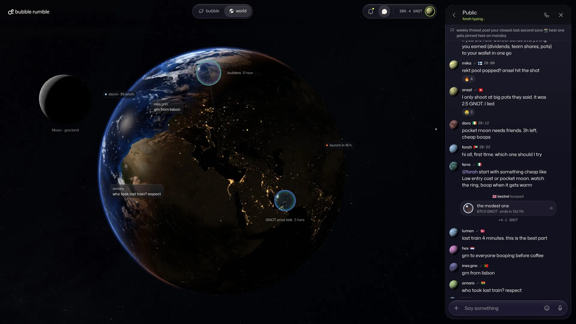 The World, chat lines rising over the globe beside the public room