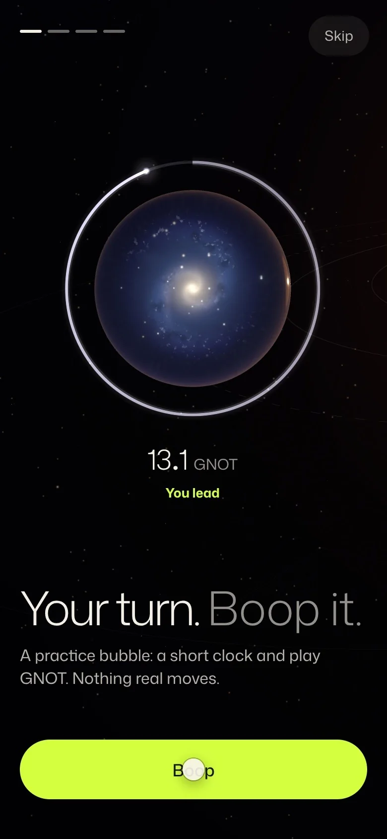 A practice bubble on a phone: your turn, boop it