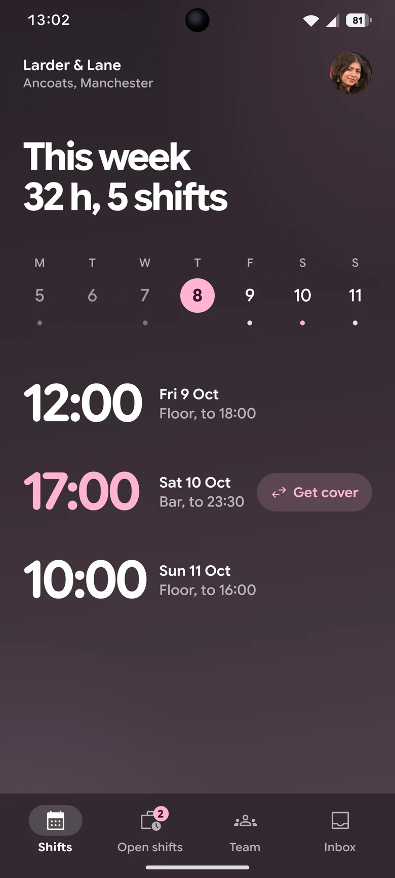 This week: 32 h over five shifts, with Get cover on the Saturday bar shift.
