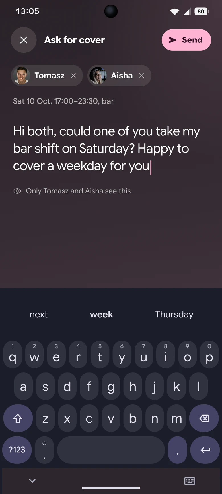 Message to Tomasz and Aisha typed on Gboard; only they see it.
