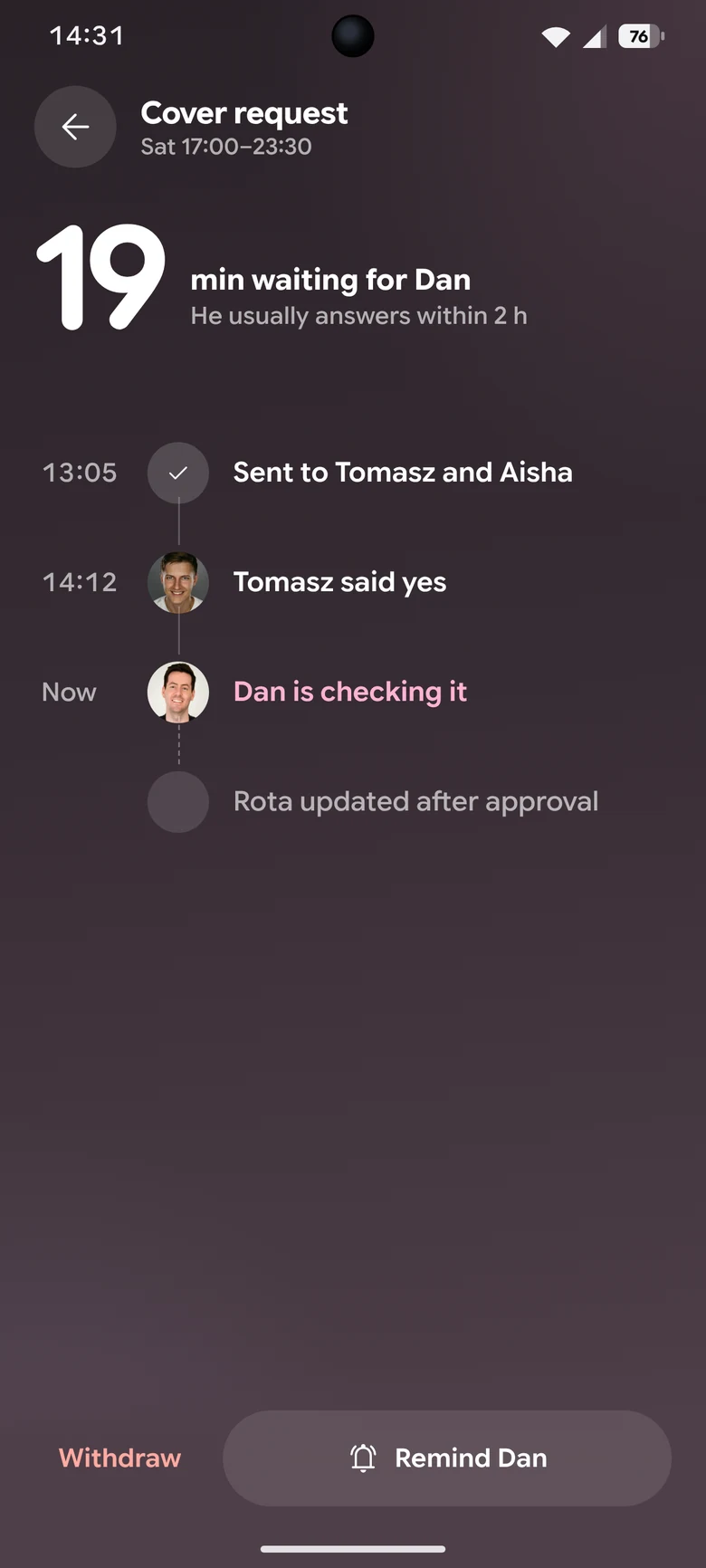 Request status: Tomasz said yes; 19 minutes waiting for Dan’s approval.