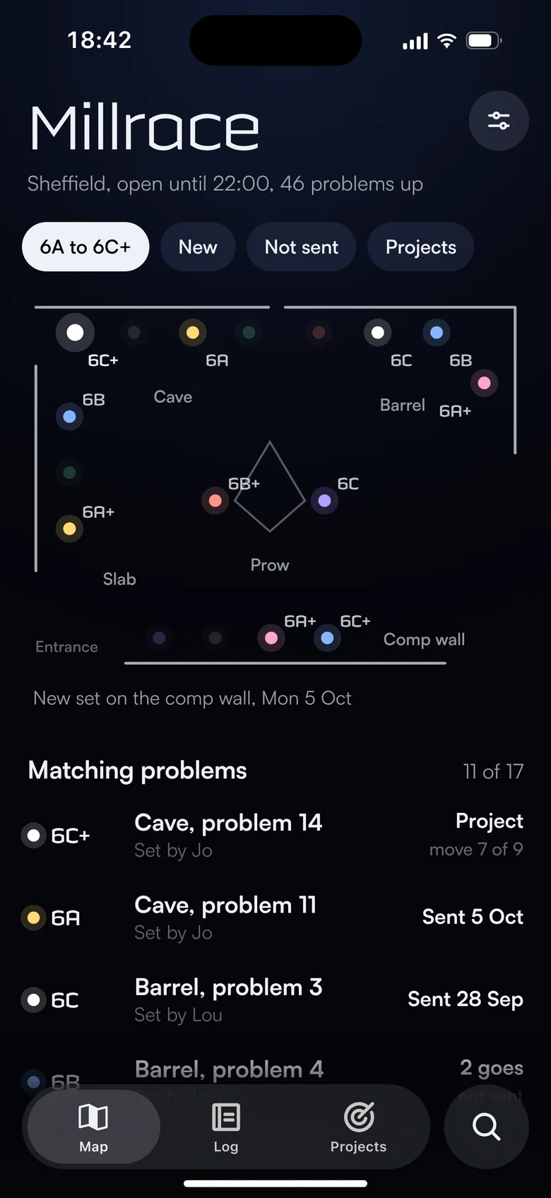 Wall map of the gym with problems as stars in their hold colours, filtered 6A to 6C+.