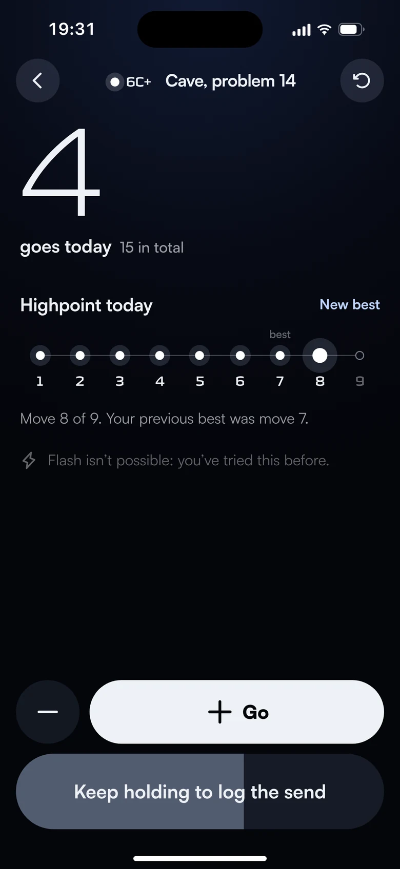 Log a go: four goes today, highpoint picker at move 8, hold the button to log a send.
