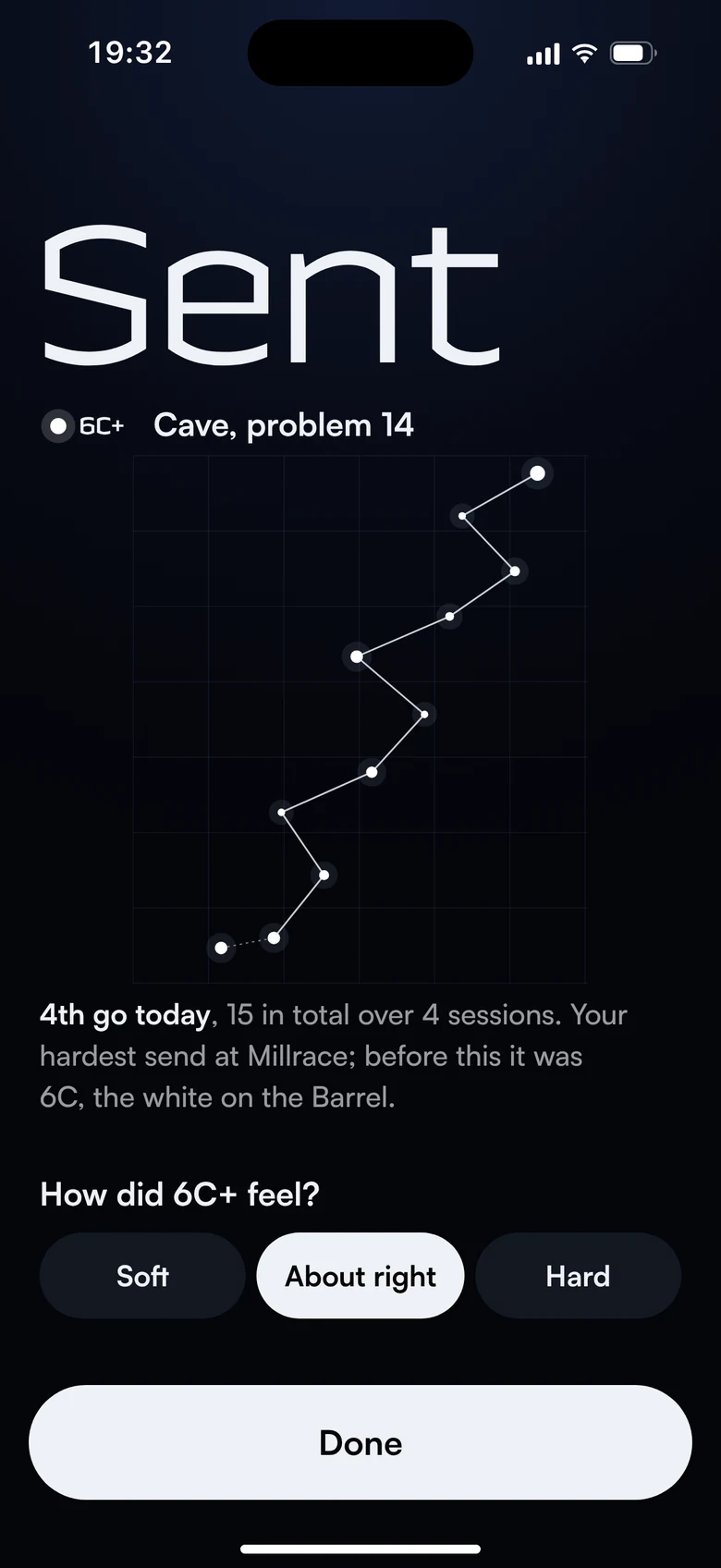 Sent: the whole star chart lights up, and the grade feel is asked once.