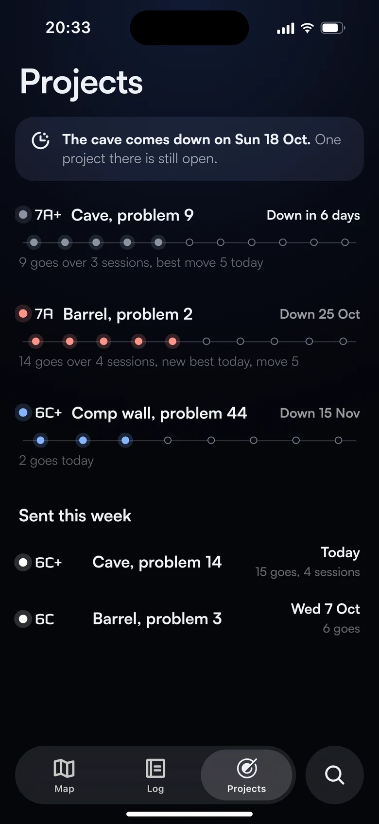 Projects: three open projects with progress as lines of stars; the cave comes down on Sunday.