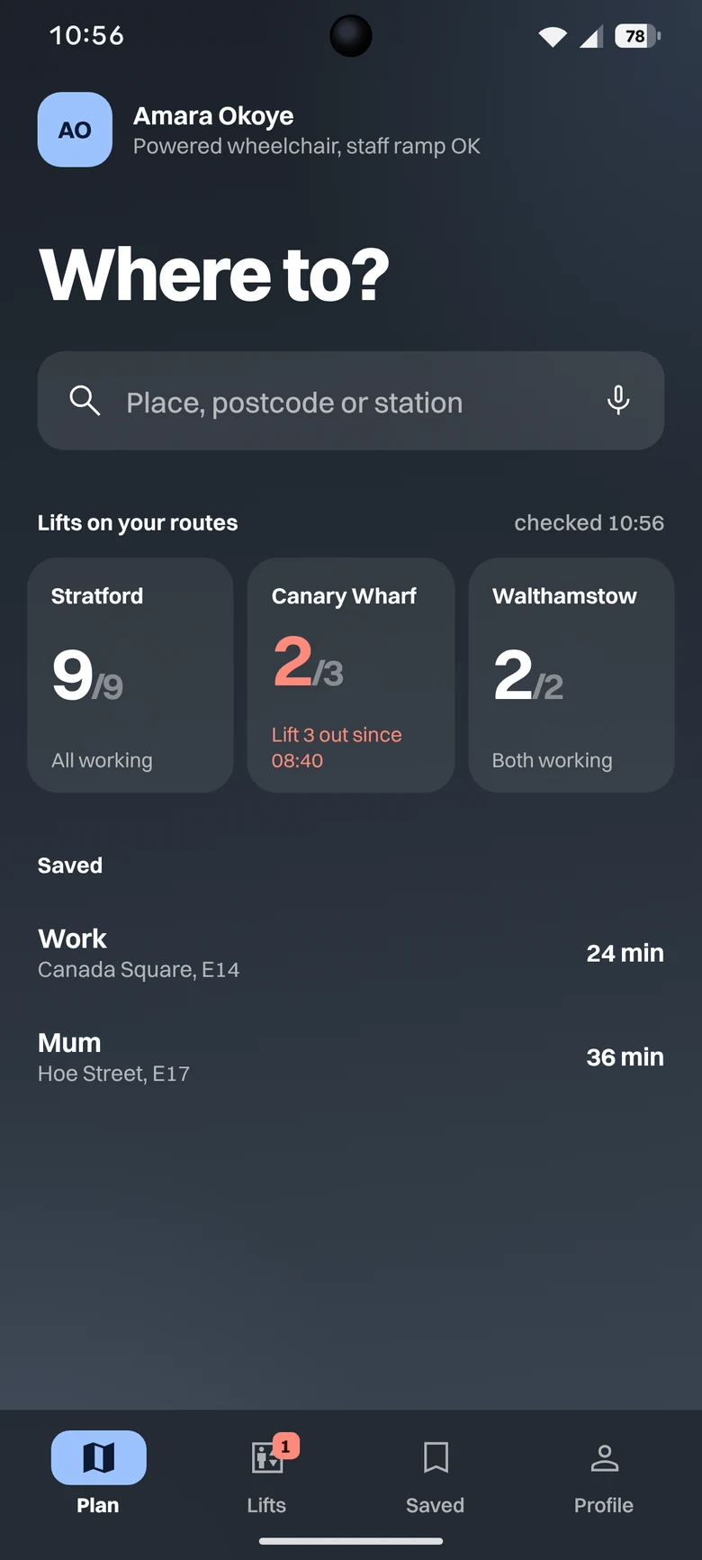Where to: lifts on your routes, with one of three at Canary Wharf out of service since 08:40.