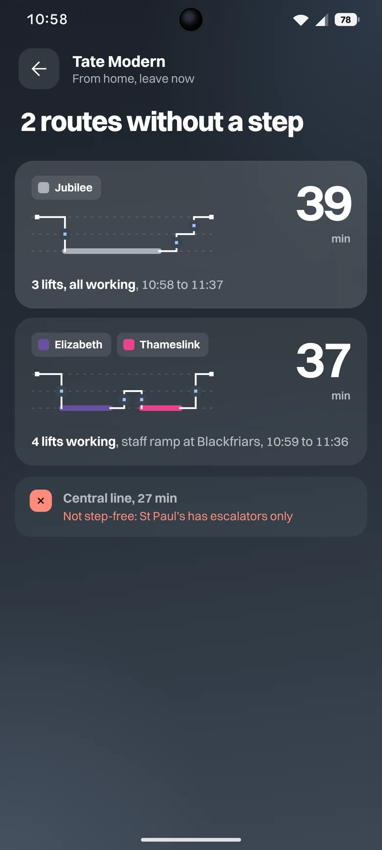 Two routes without a step, drawn as small sections; the Central line is ruled out because St Paul’s has escalators only.