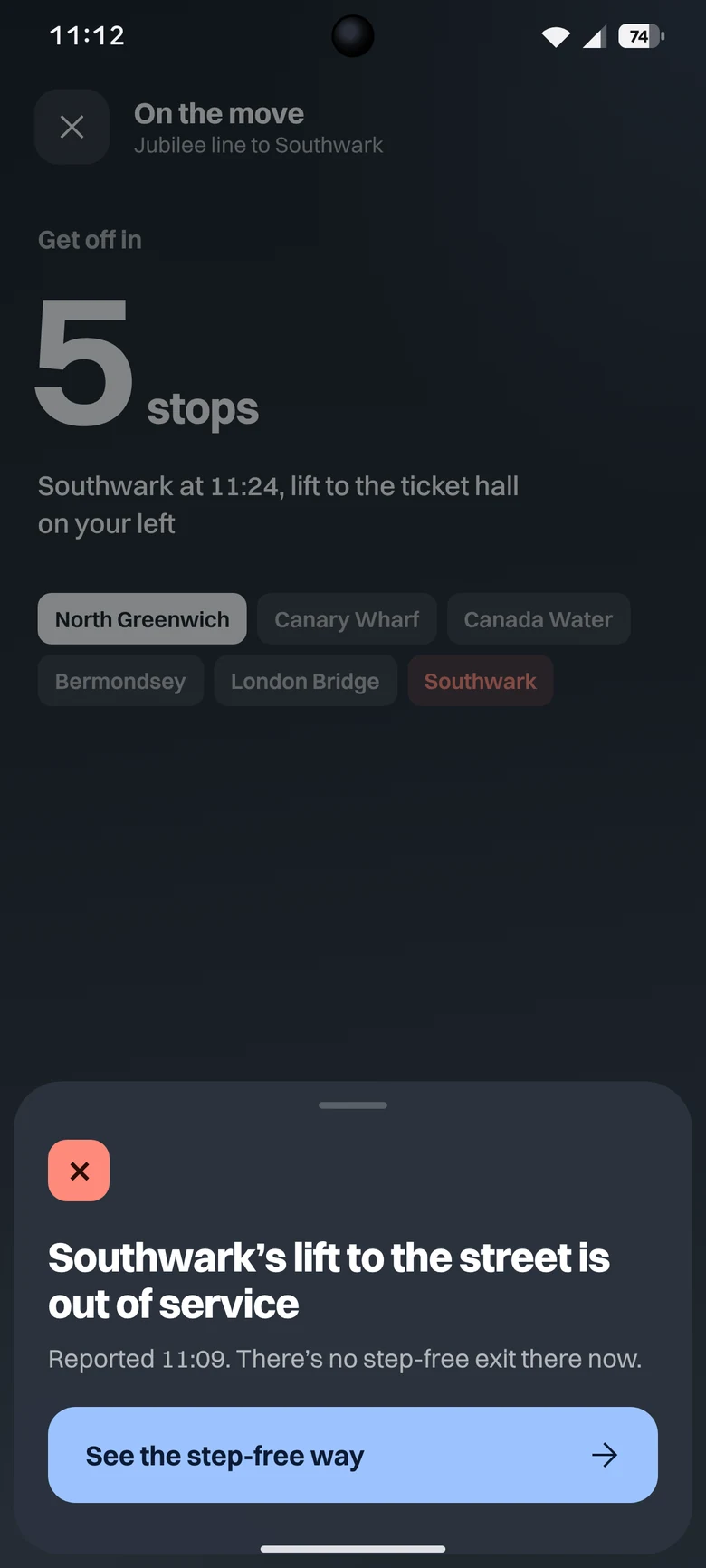 On the move: Southwark’s lift to the street goes out of service, with the step-free way offered.