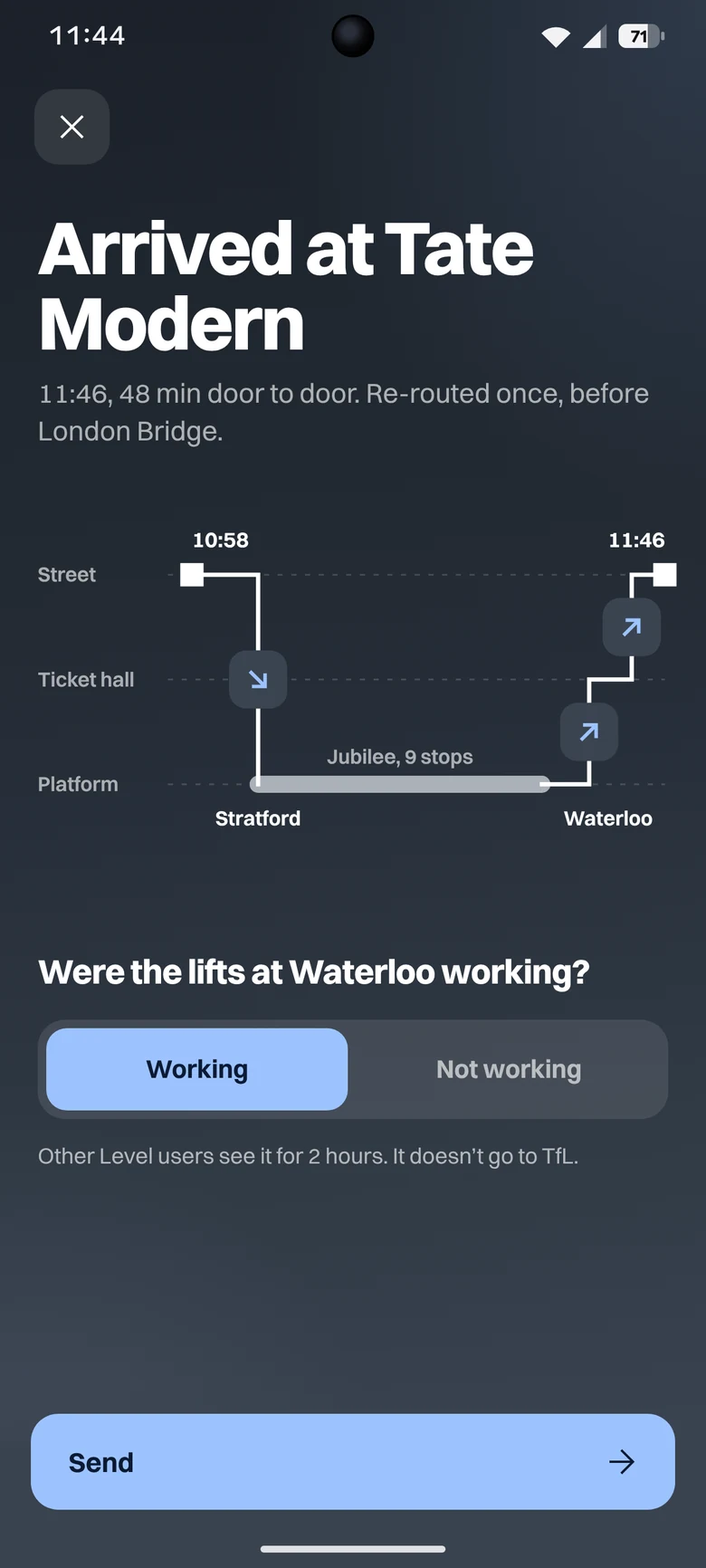 Arrived at Tate Modern at 11:46: the trip redrawn via Waterloo and a one-tap report on the lifts.