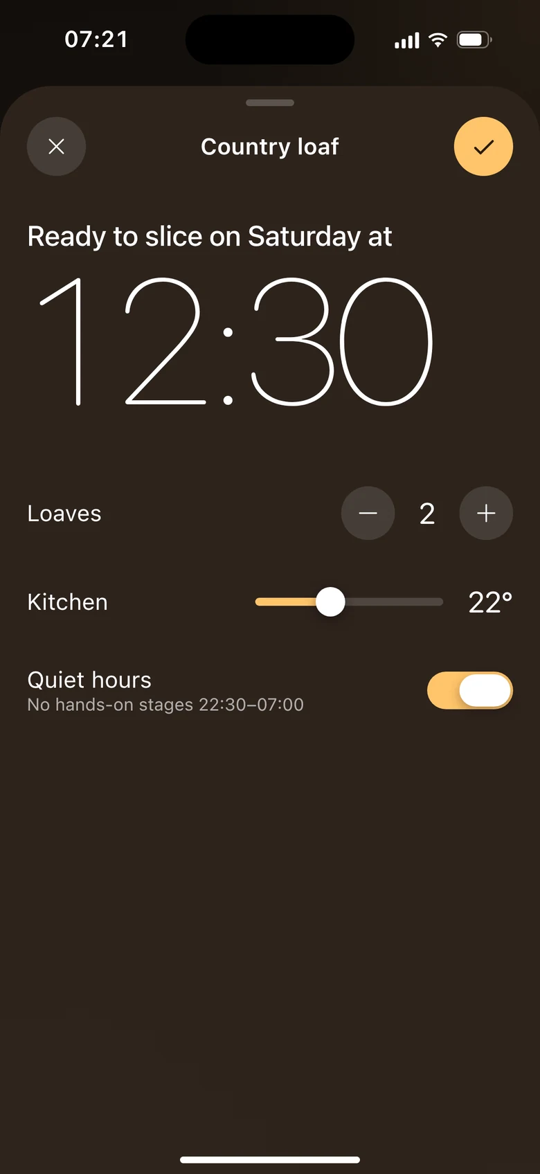 New bake sheet: ready to slice on Saturday at 12:30, two loaves, kitchen at 22°, quiet hours on.