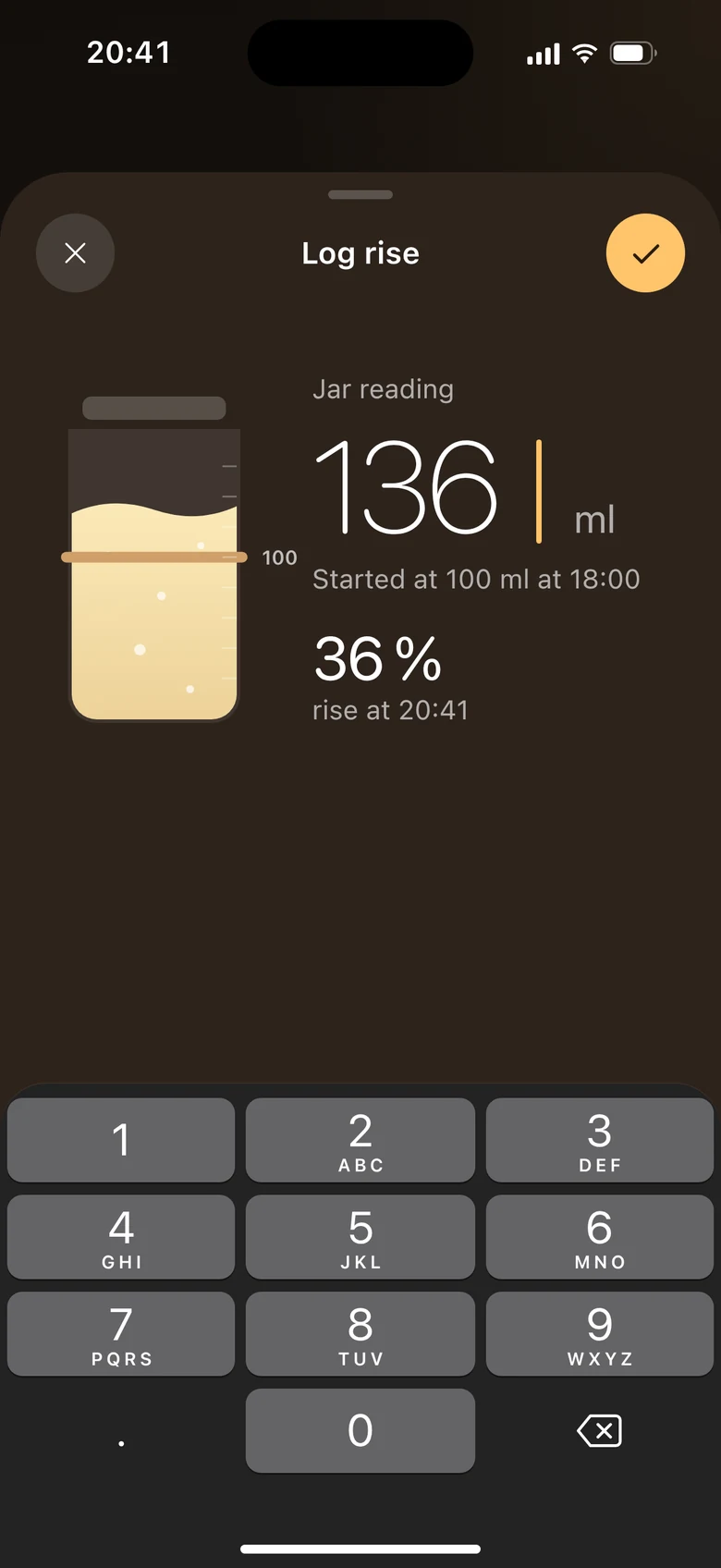 Log rise: a jar reading of 136 ml typed on the iOS decimal keypad, 36 % rise.