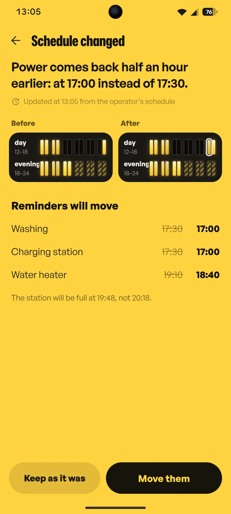 Schedule changed: power returns at 17:00 instead of 17:30, and the reminders move.
