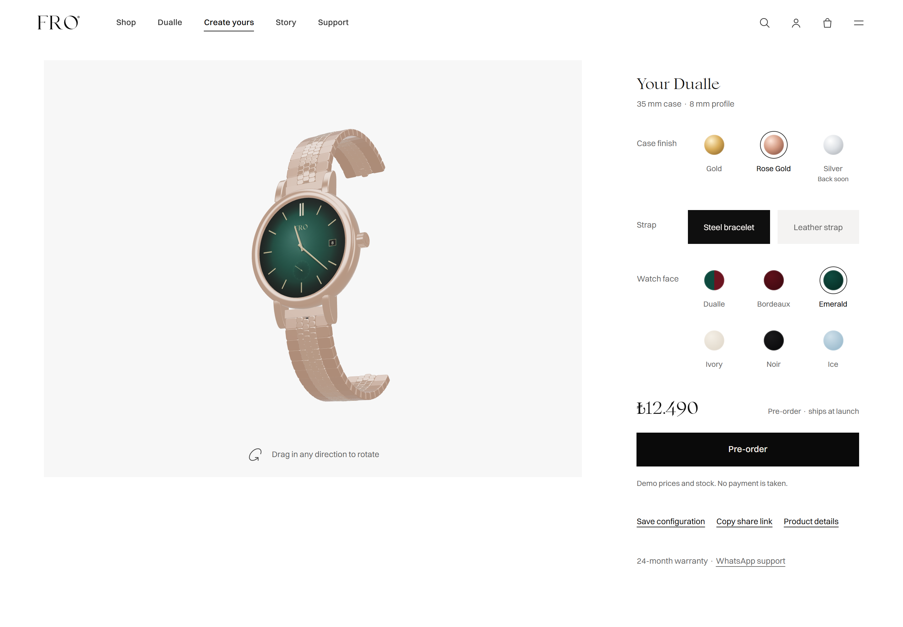 Desktop configurator with a live 3D watch and spacious finish, strap and dial controls