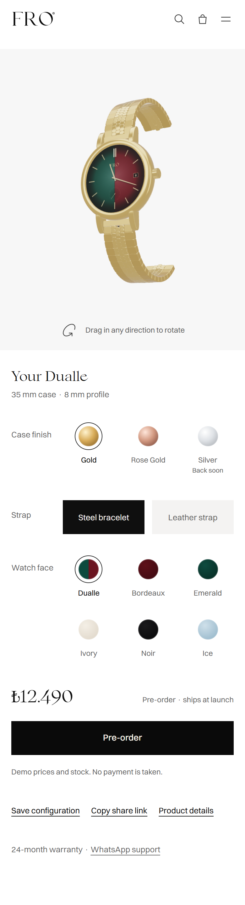 Mobile configurator with live 3D above the watch settings