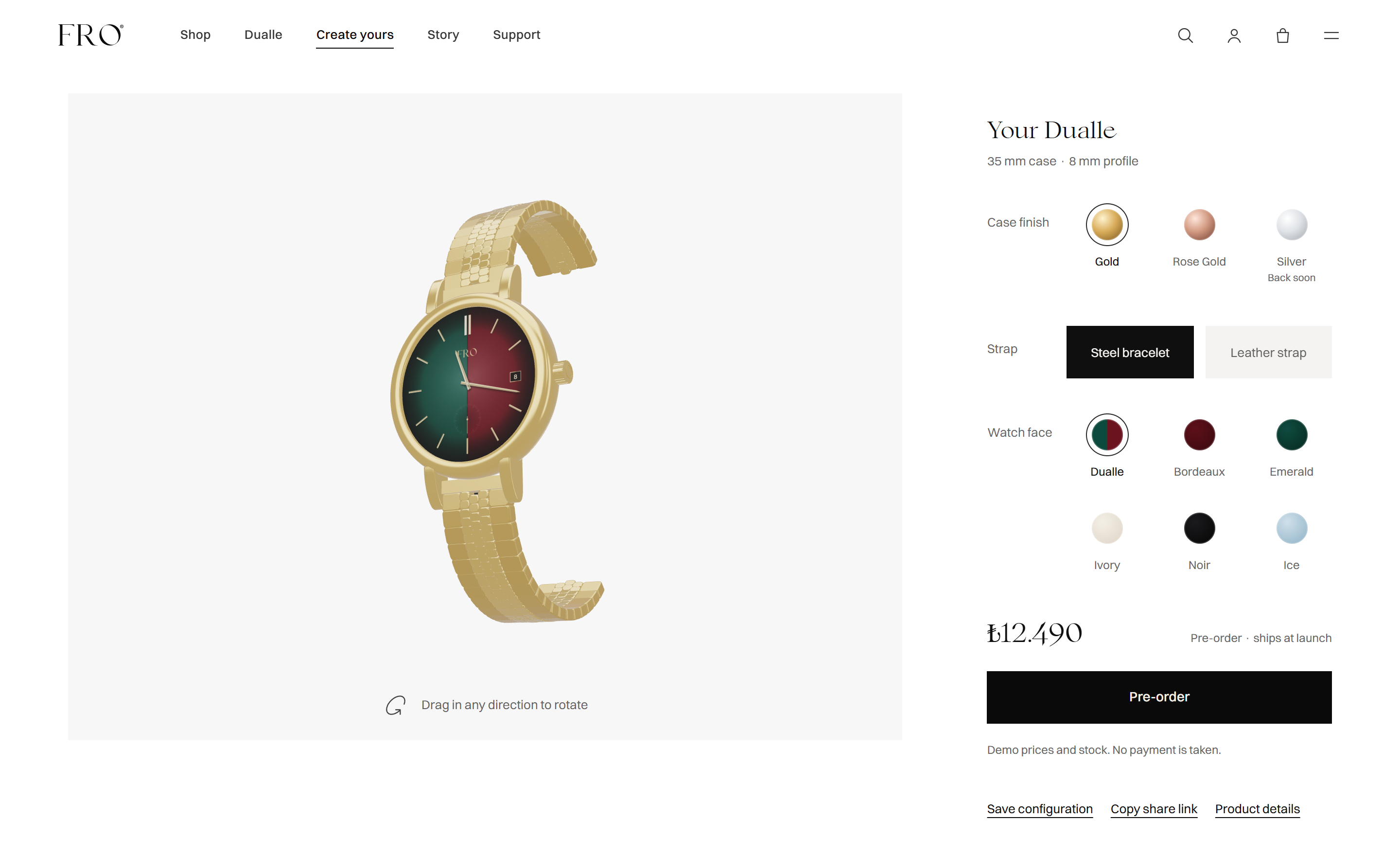The configurator in gold with the Dualle face