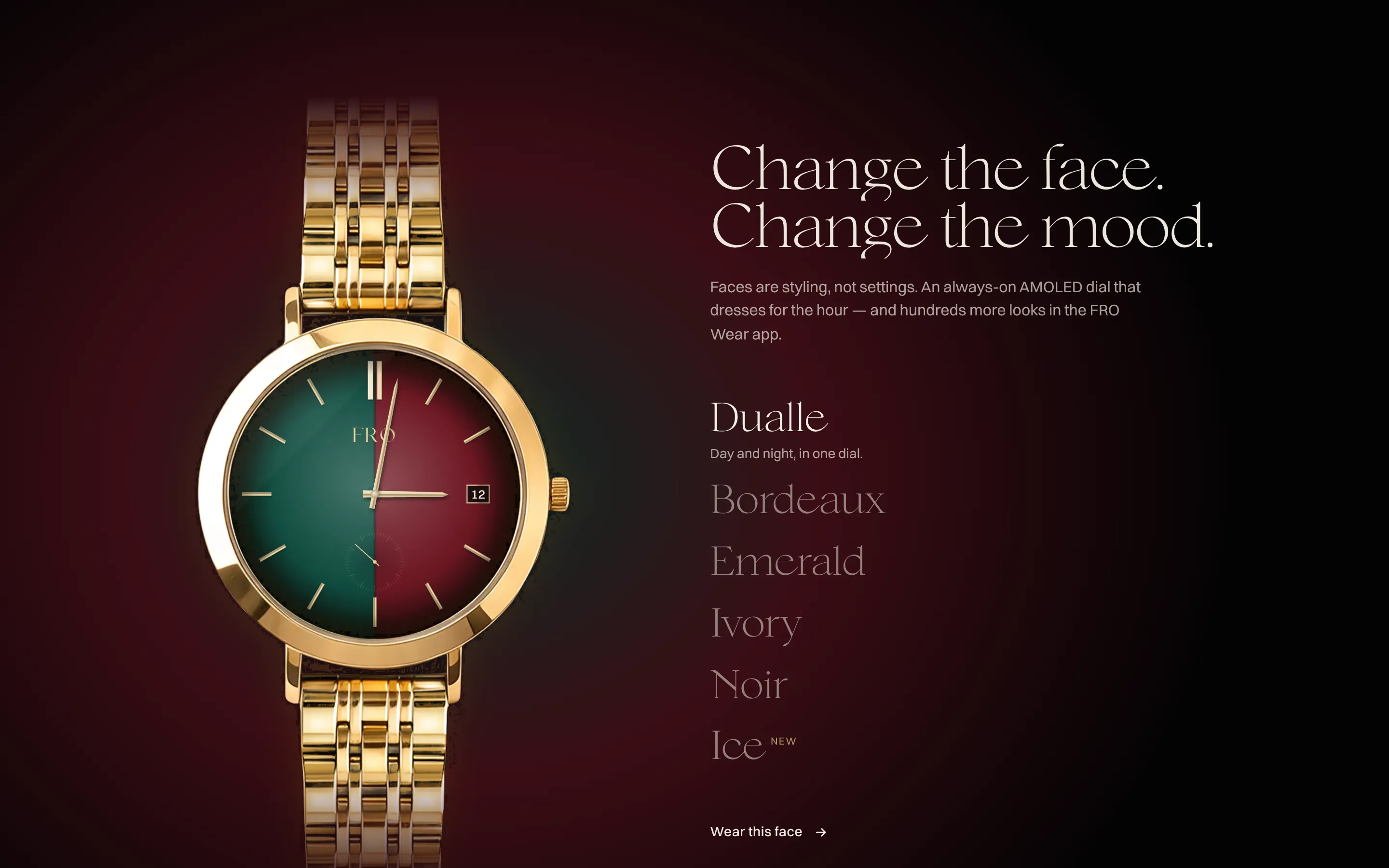 Six Dualle faces listed beside the watch