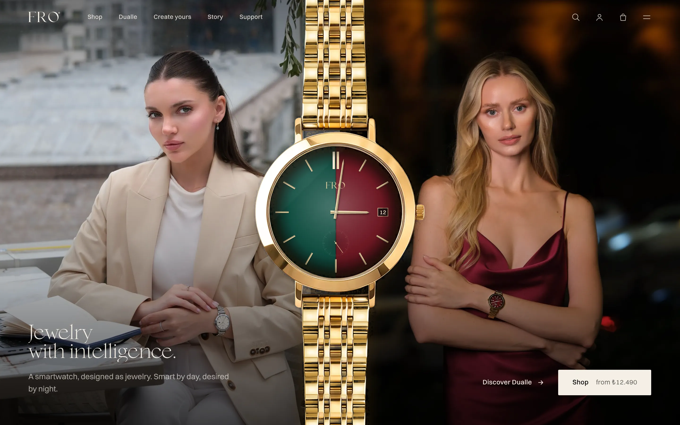 FRO home page: two women and the Dualle watch with a dial split between green and burgundy