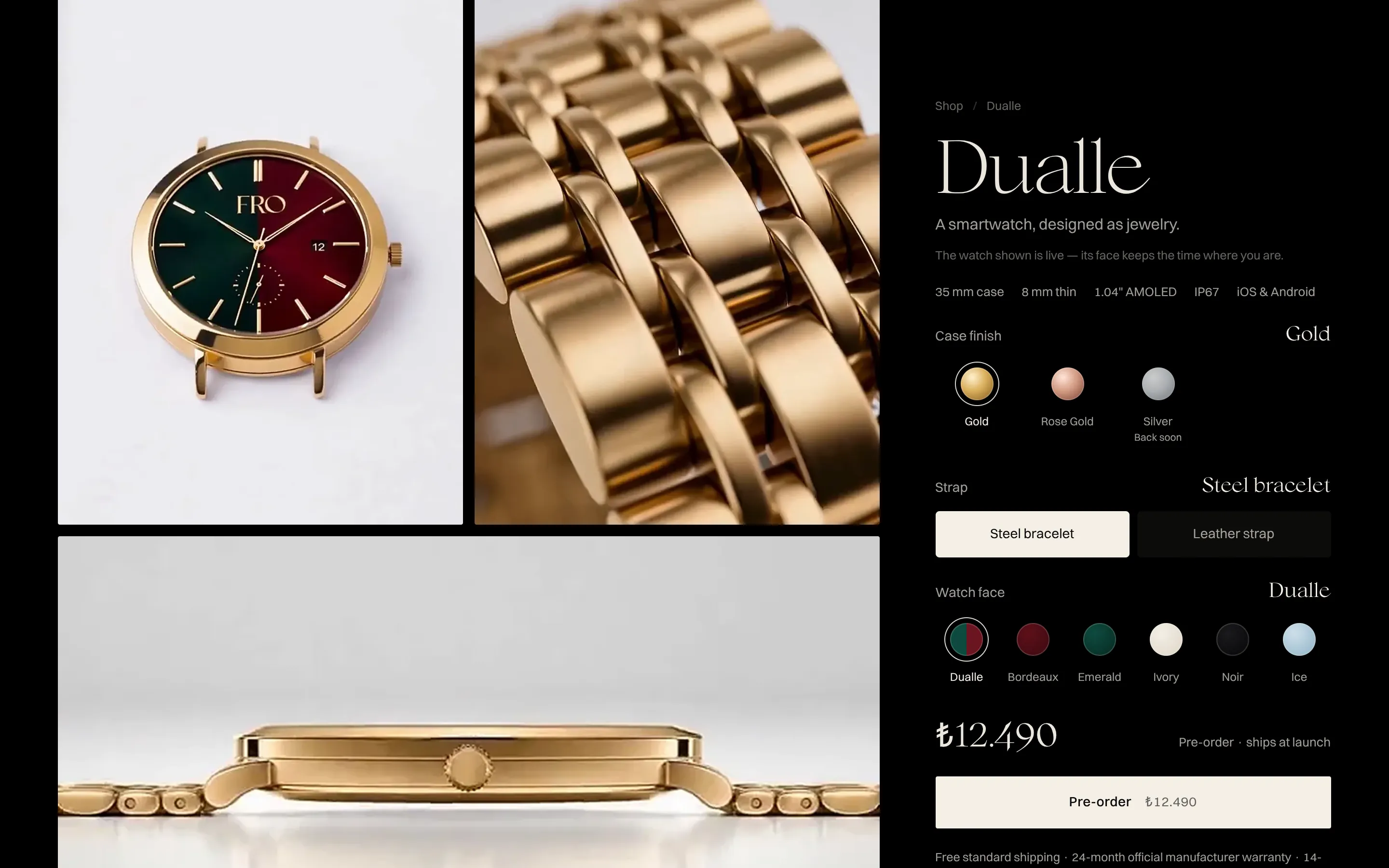 Dualle product gallery with close-ups of the case and bracelet