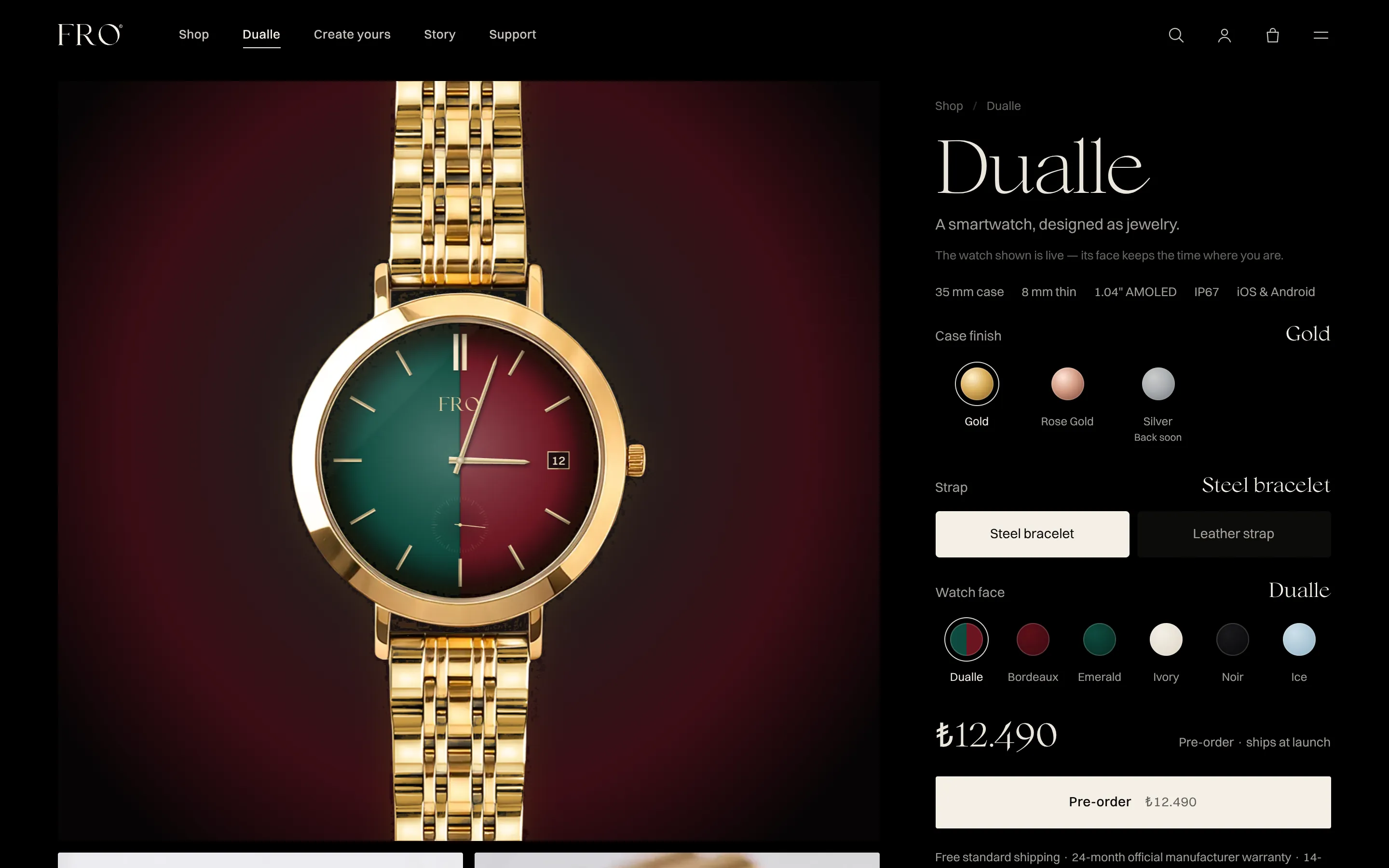 Dualle product page with finish, strap and face options beside the watch