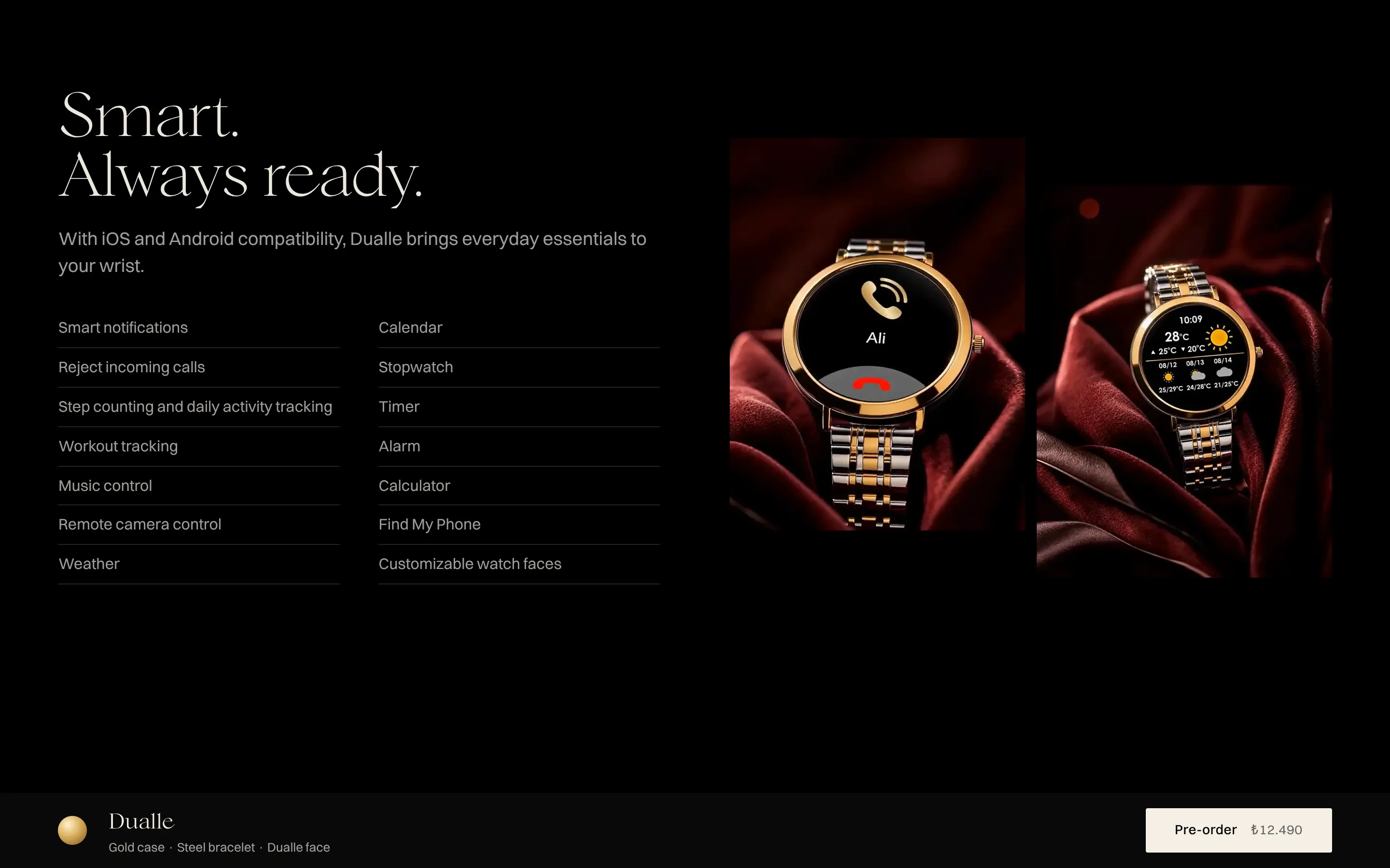 Smart features listed beside two watch photographs
