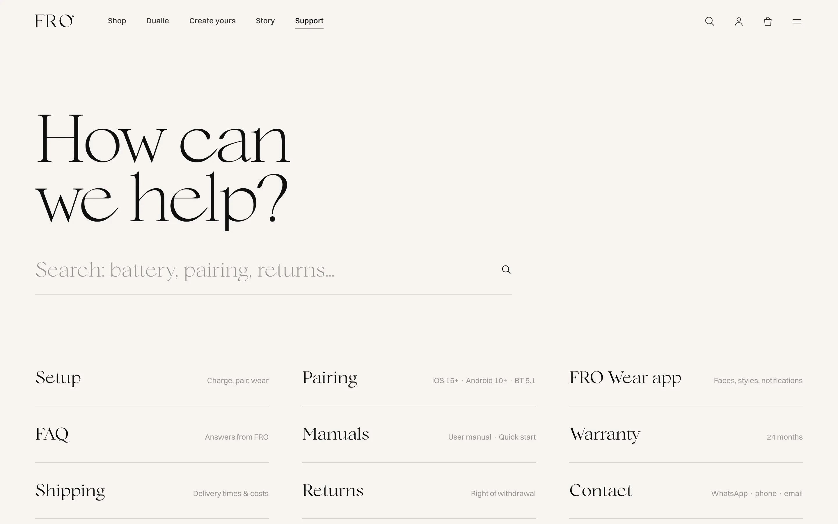 Support page with a search field and topics