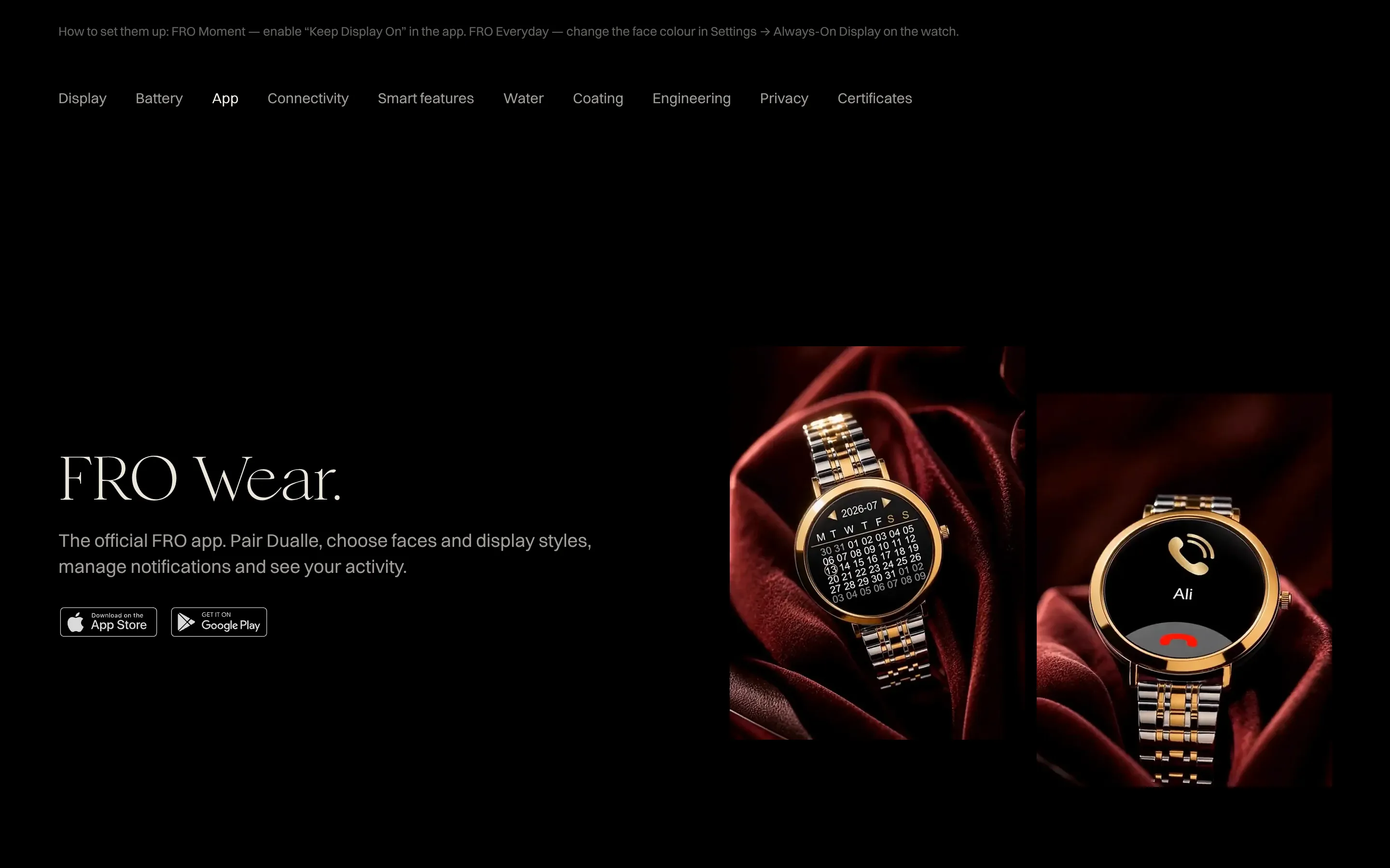 The FRO Wear app beside two watch photographs