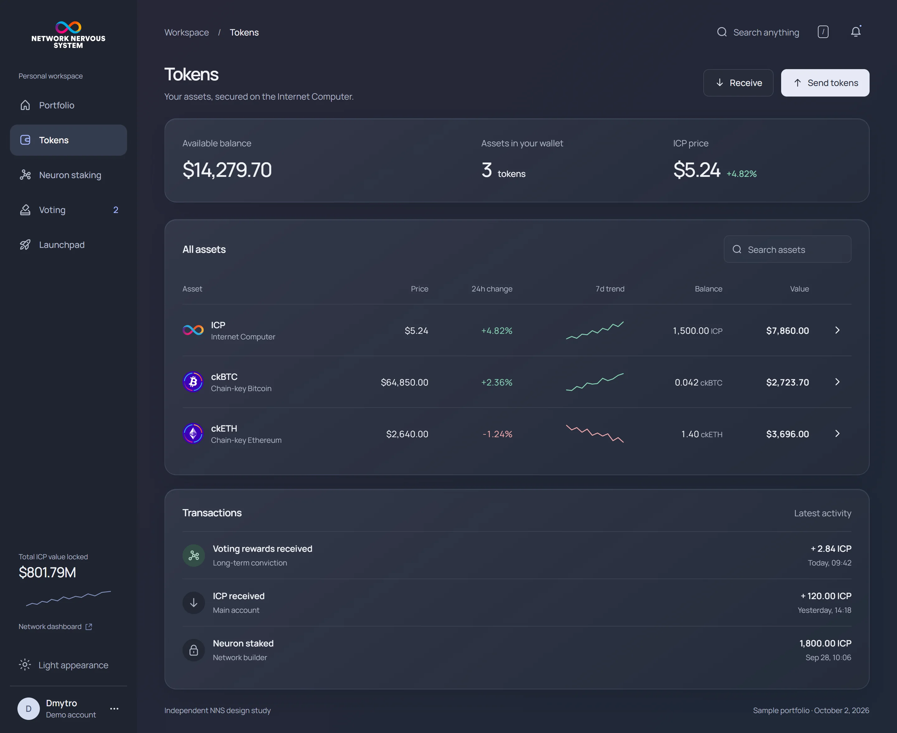 NNS tokens · desktop · dark interface
