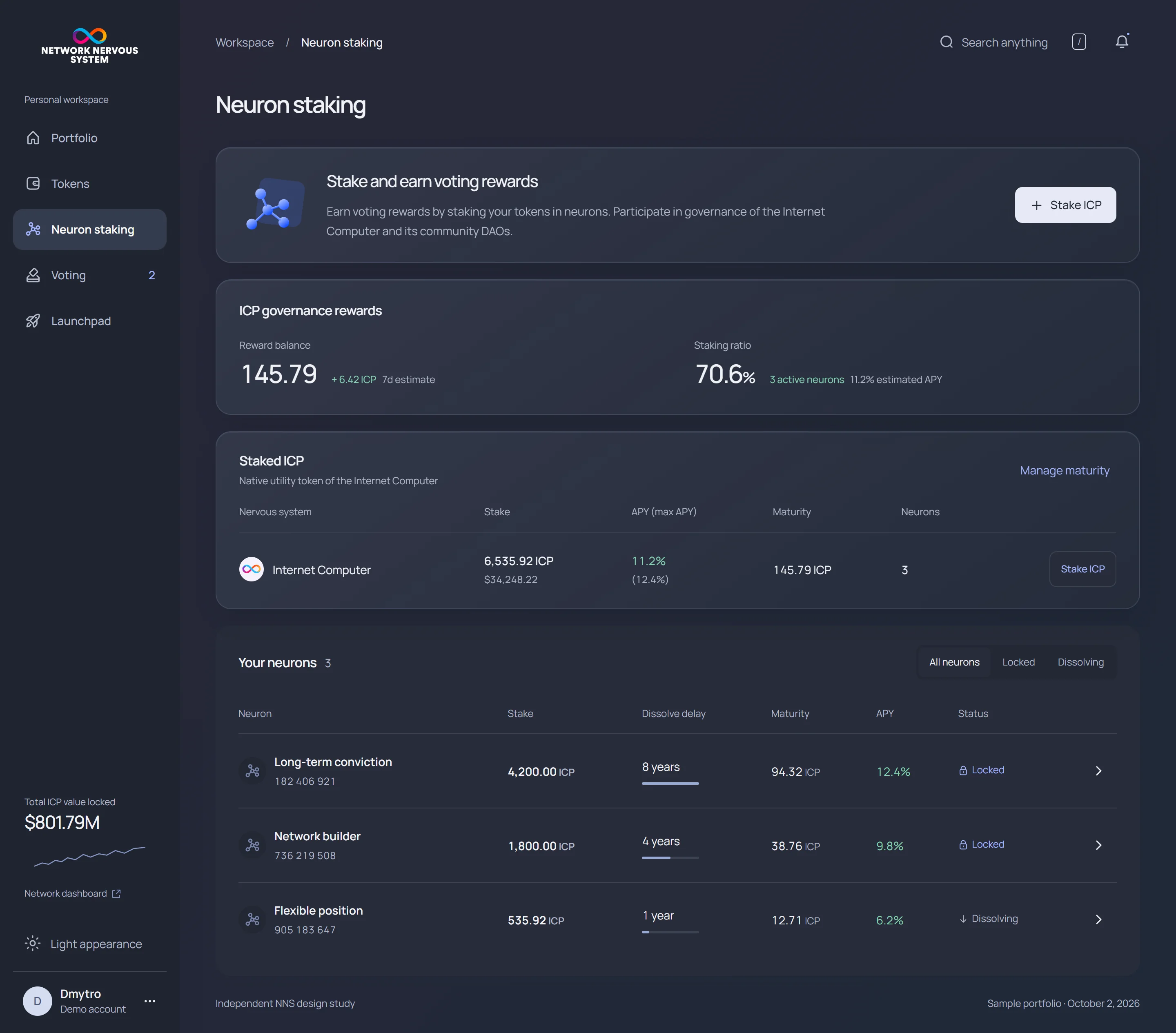 NNS neuron staking · desktop · dark interface
