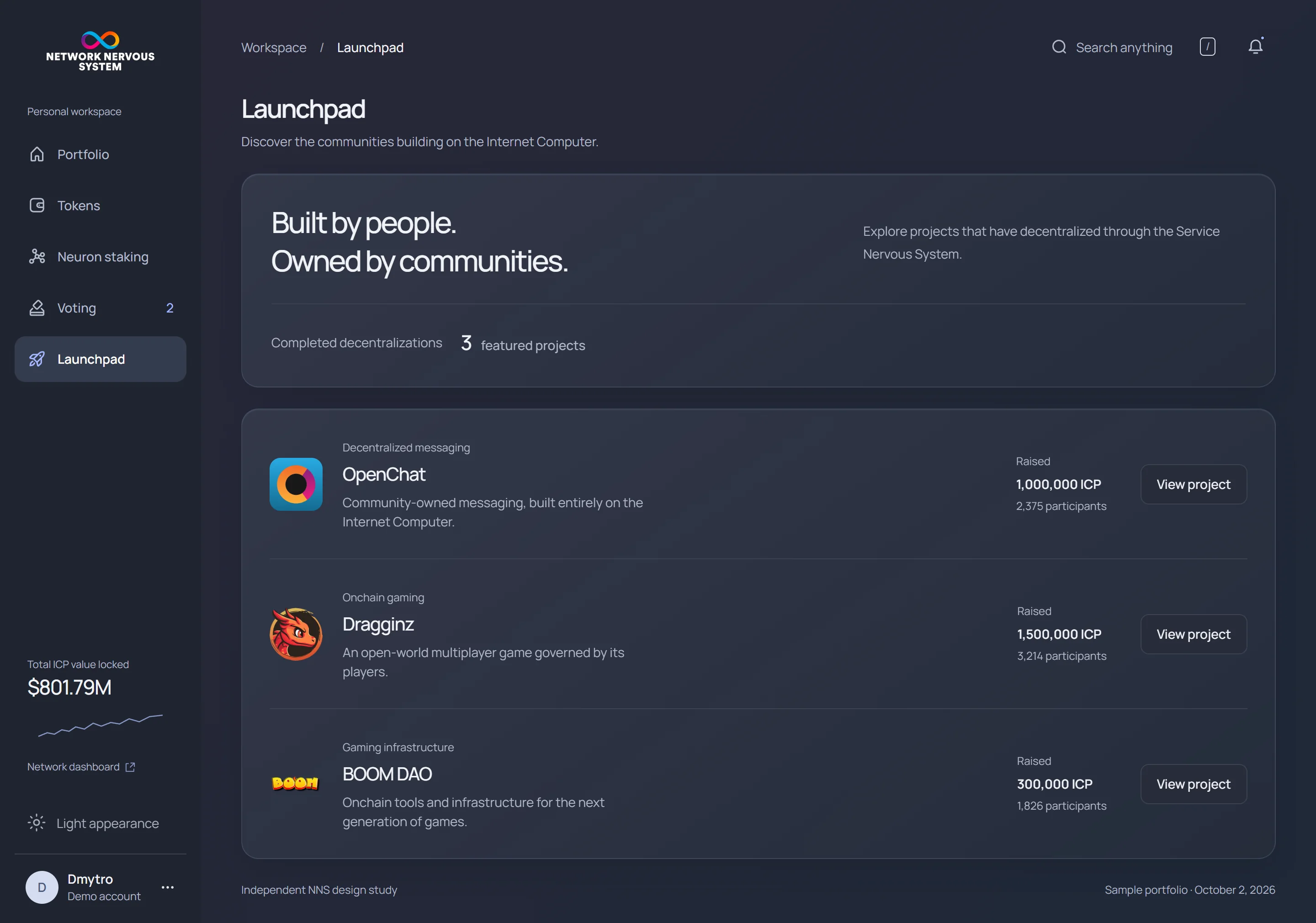 NNS launchpad · desktop · dark interface