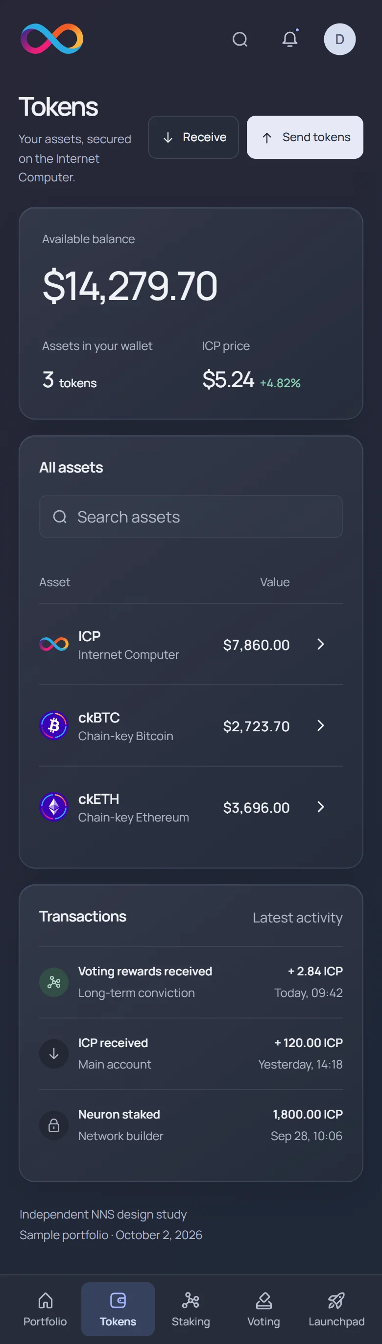 NNS tokens · mobile · dark interface