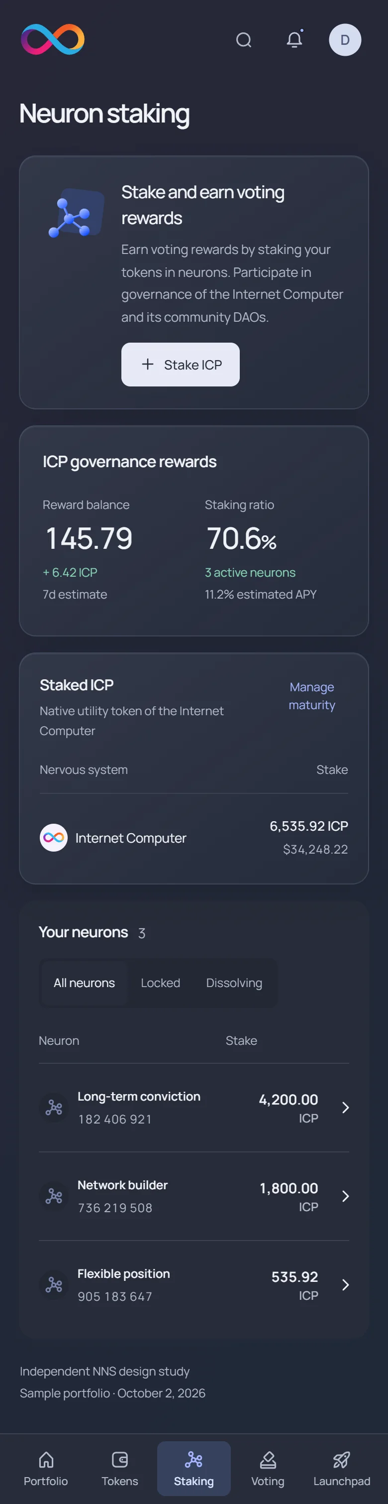 NNS neuron staking · mobile · dark interface