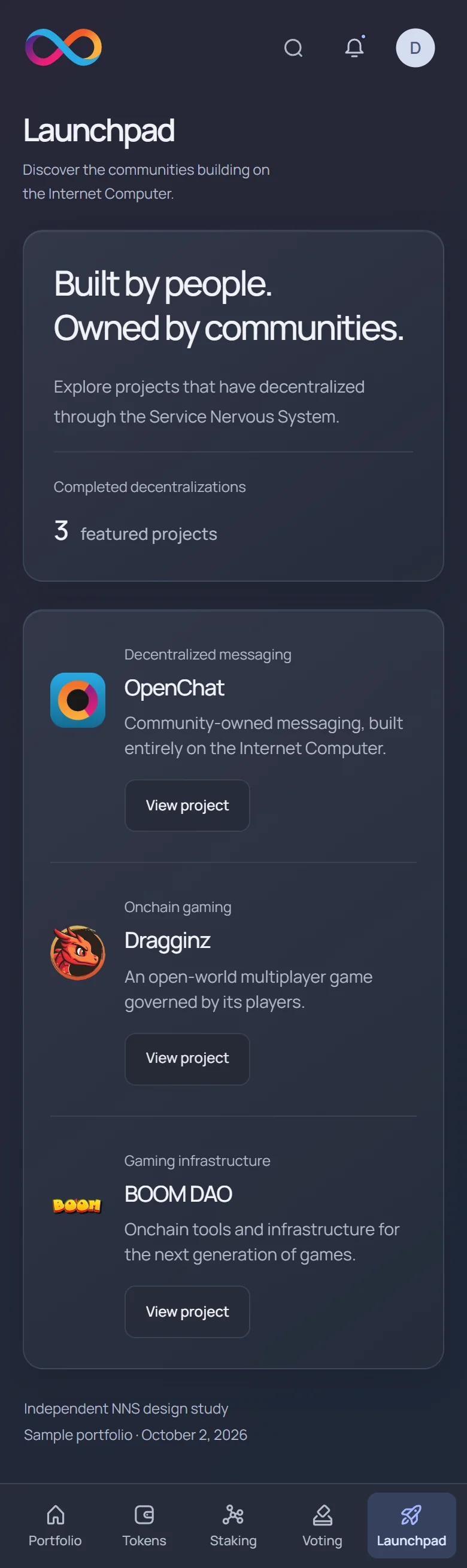 NNS launchpad · mobile · dark interface