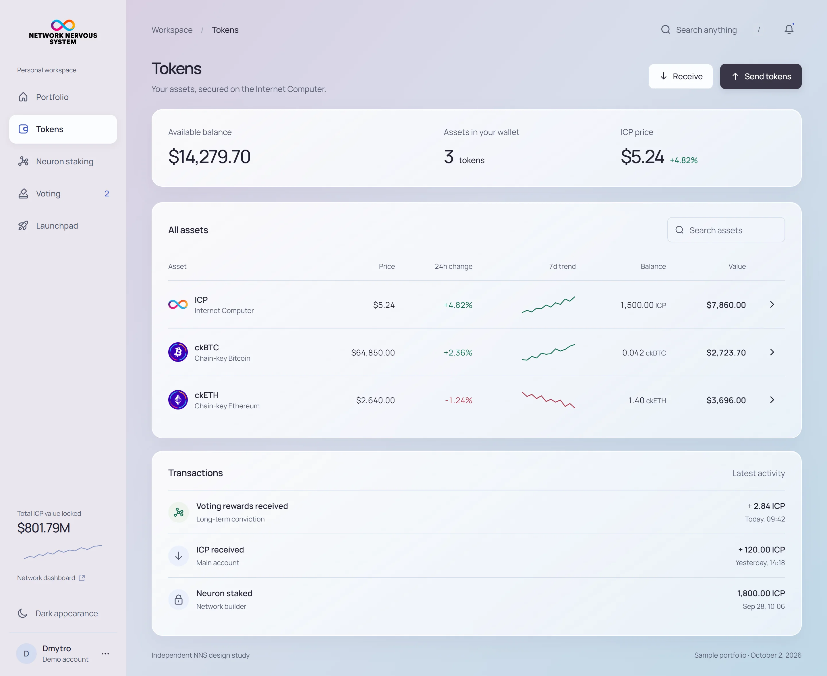 NNS tokens · desktop · light interface