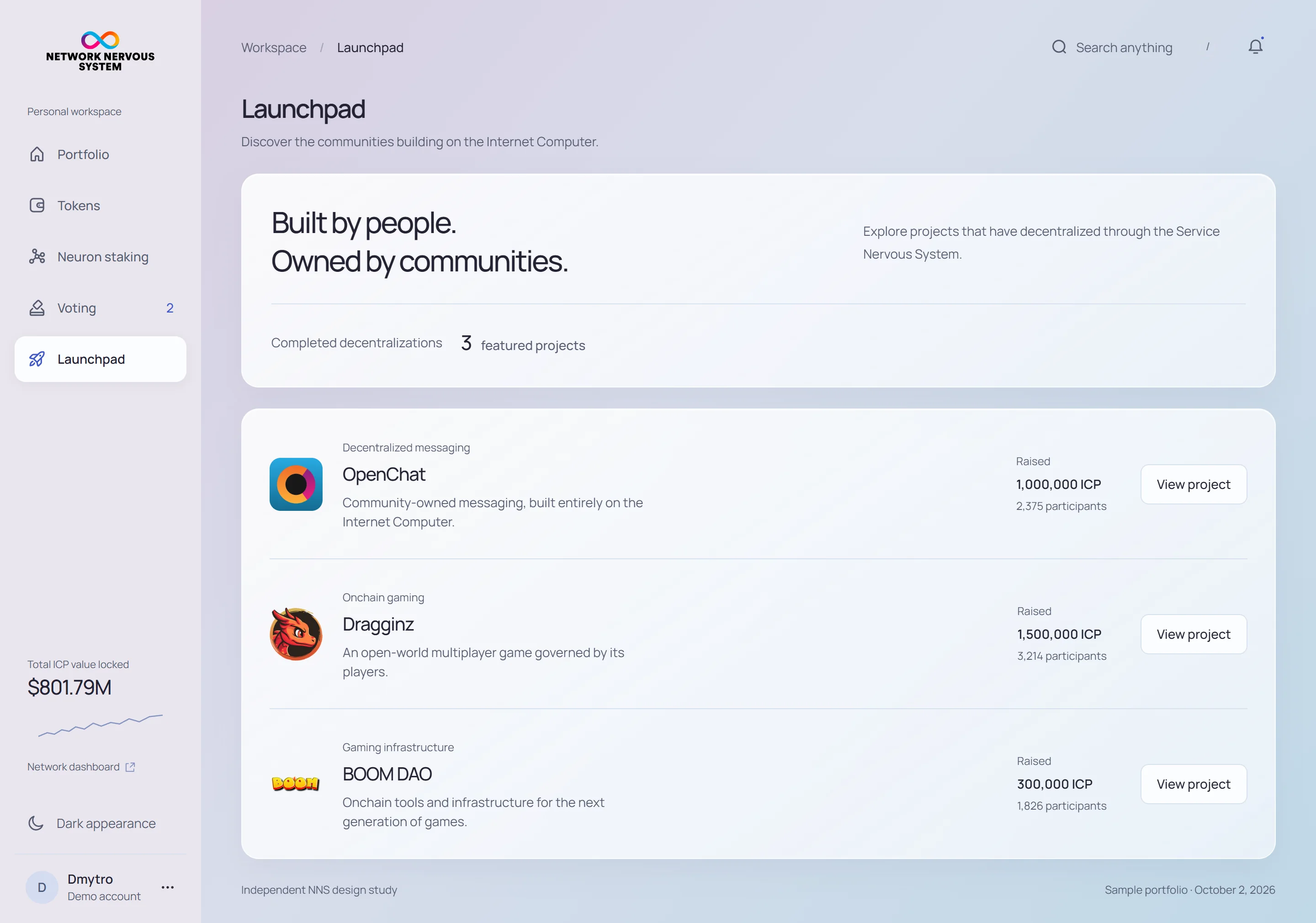 NNS launchpad · desktop · light interface