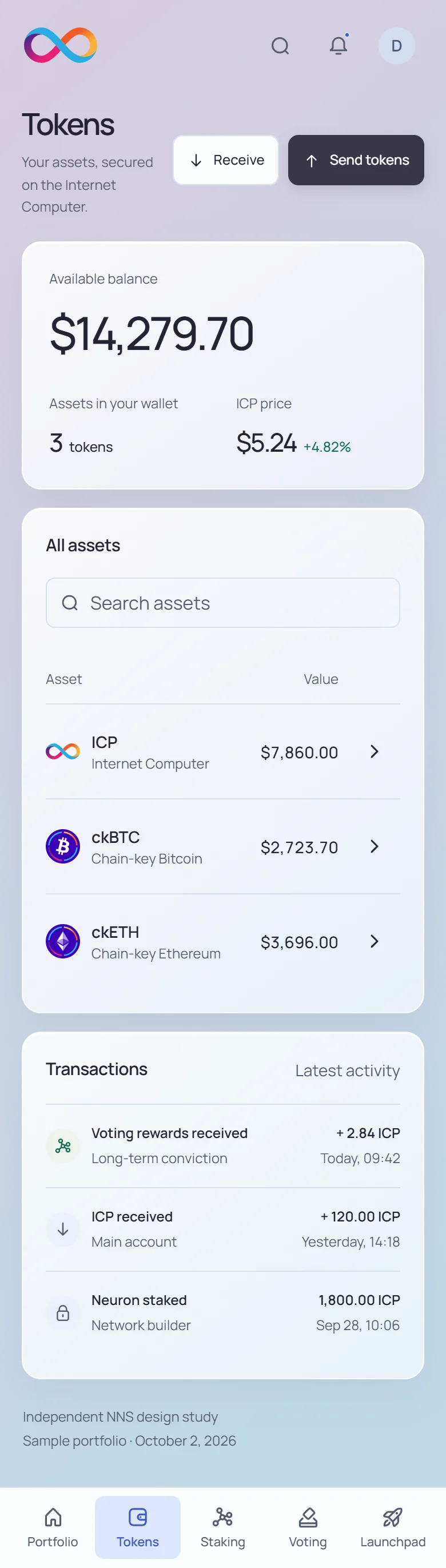 NNS tokens · mobile · light interface