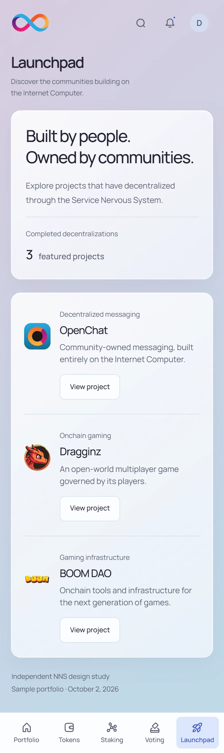 NNS launchpad · mobile · light interface