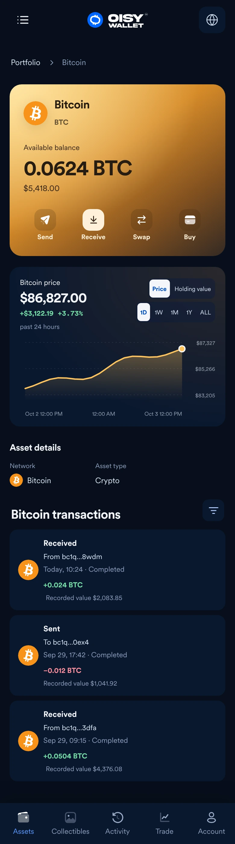 Oisy complete Bitcoin page with holding, price chart, asset details and transactions