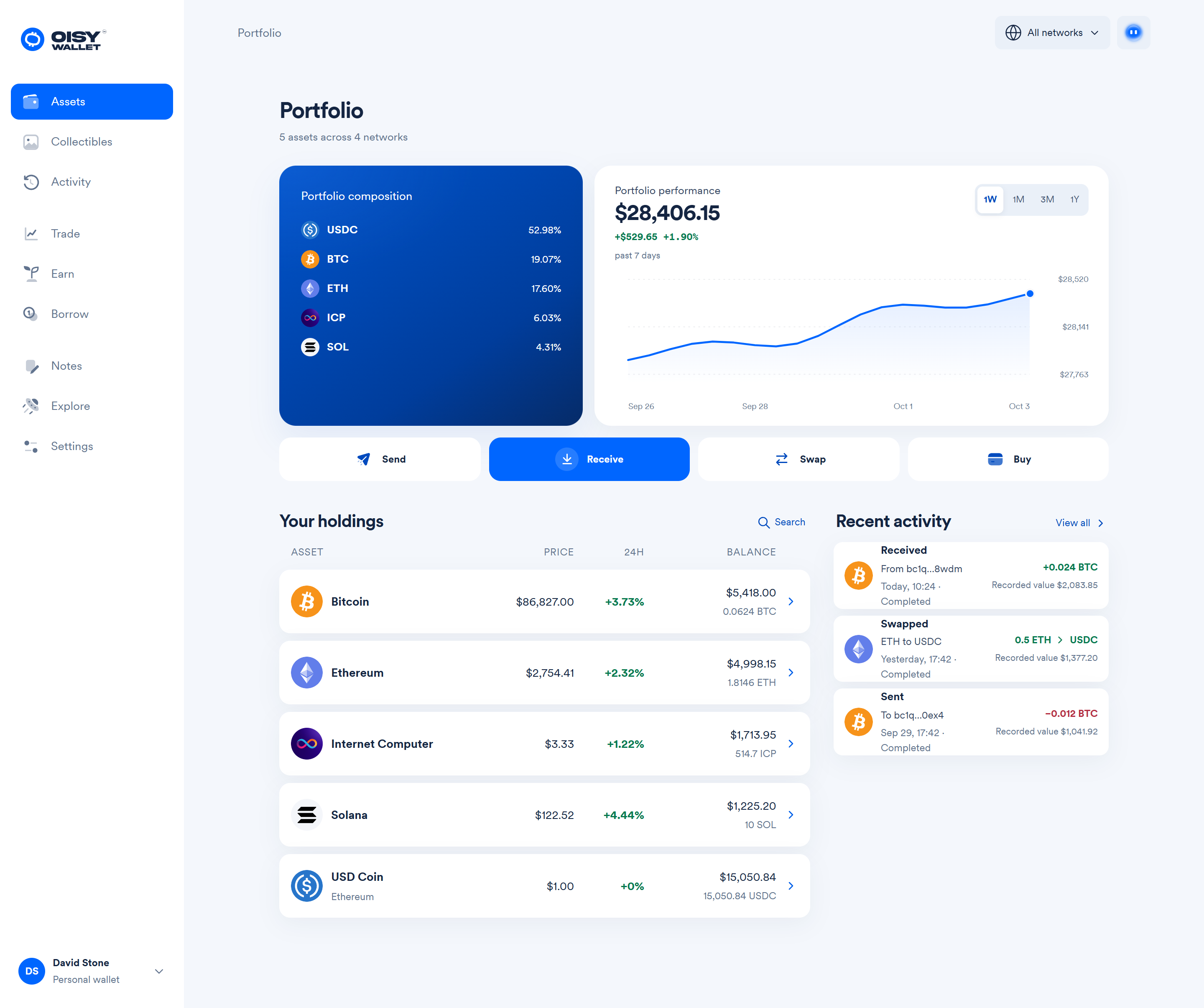 Light portfolio interface · desktop