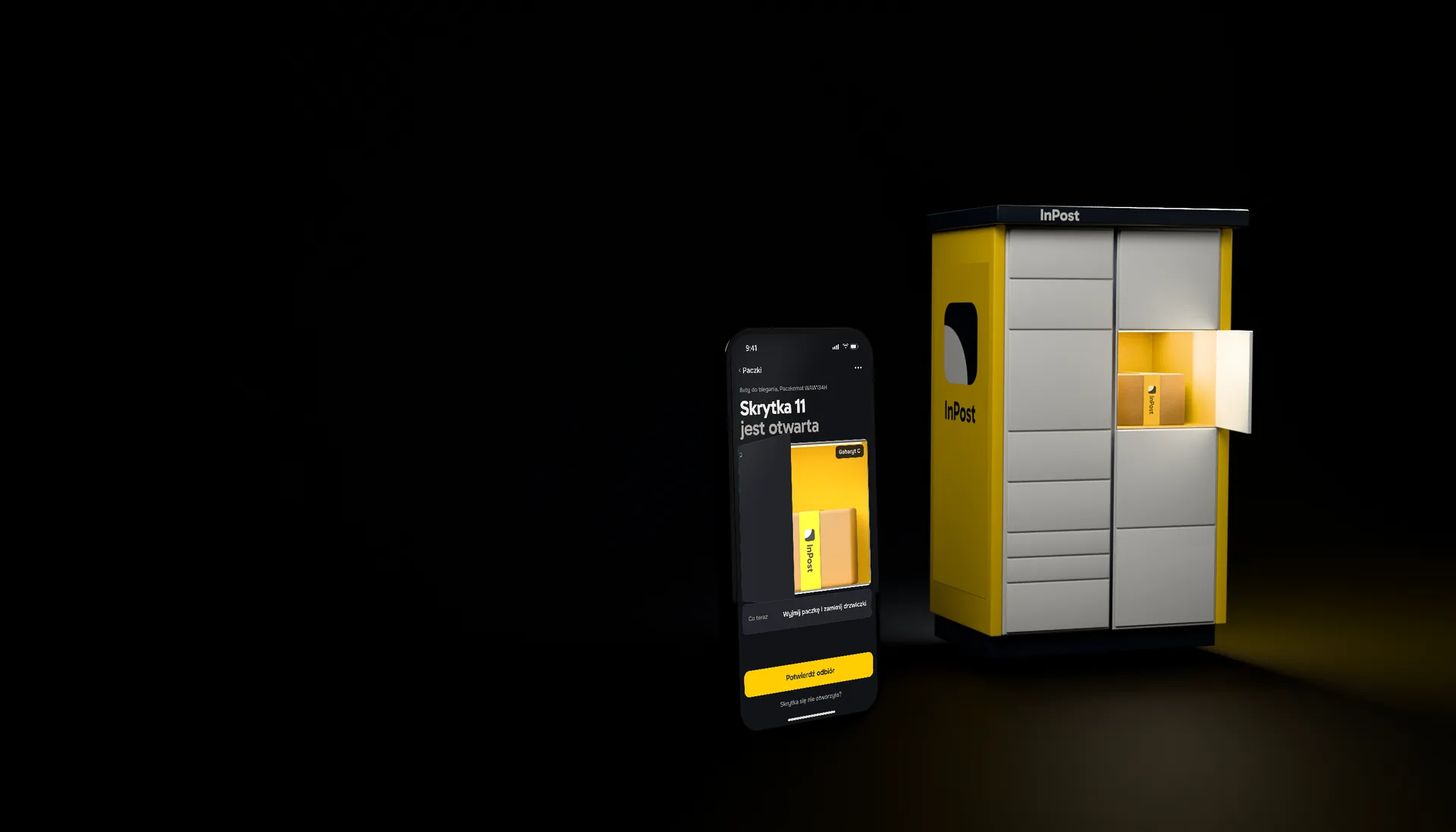 InPost Mobile beside an Appkomat at night, cell 11 open: «Skrytka 11 jest otwarta»