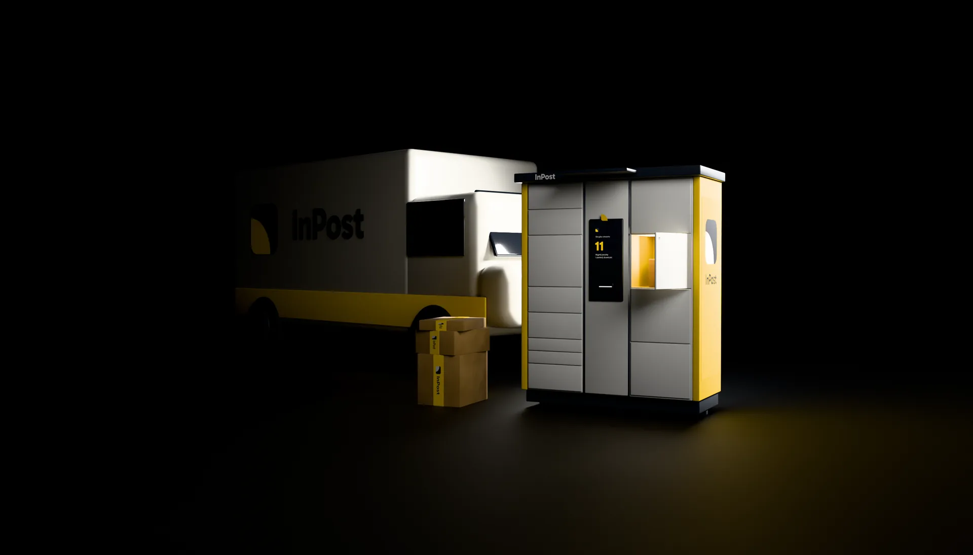 The locker, the van and the parcels in the livery, at night