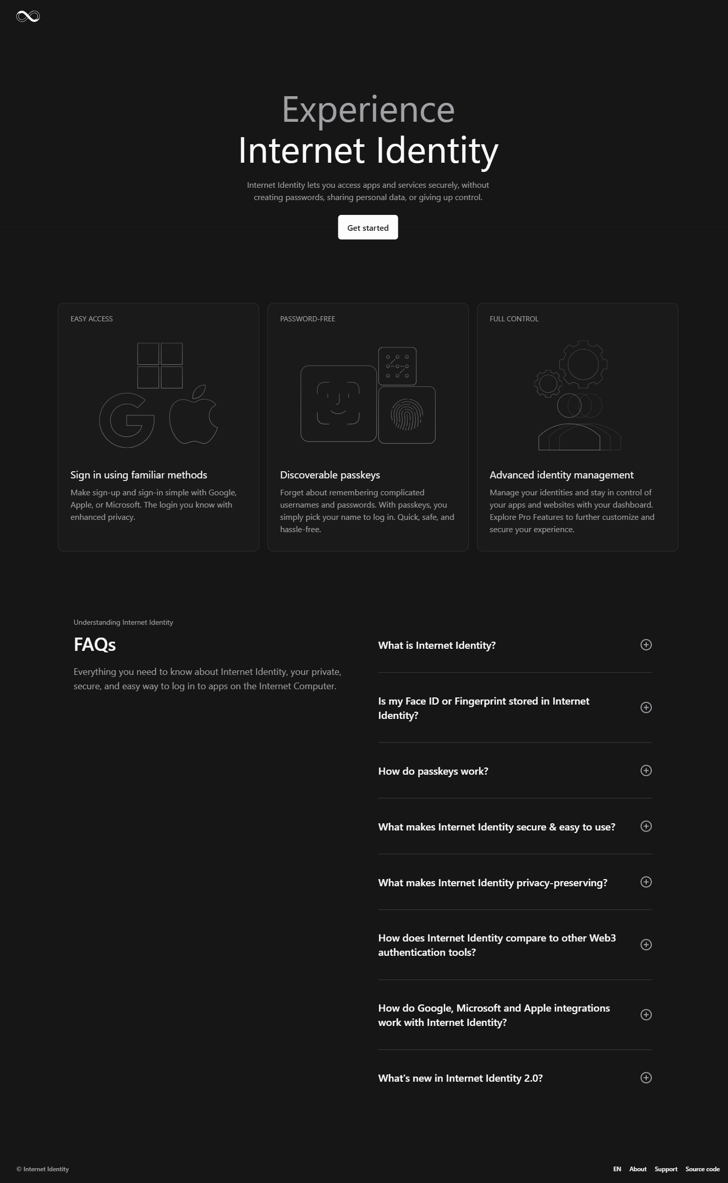 Internet Identity · About · Product introduction and FAQ · Desktop