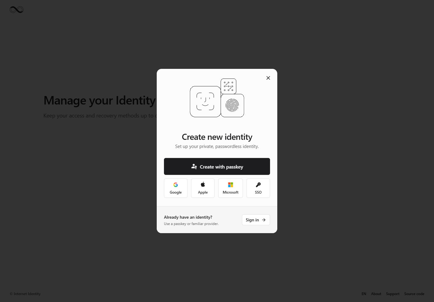 Internet Identity · Create an identity · Authentication method · Desktop
