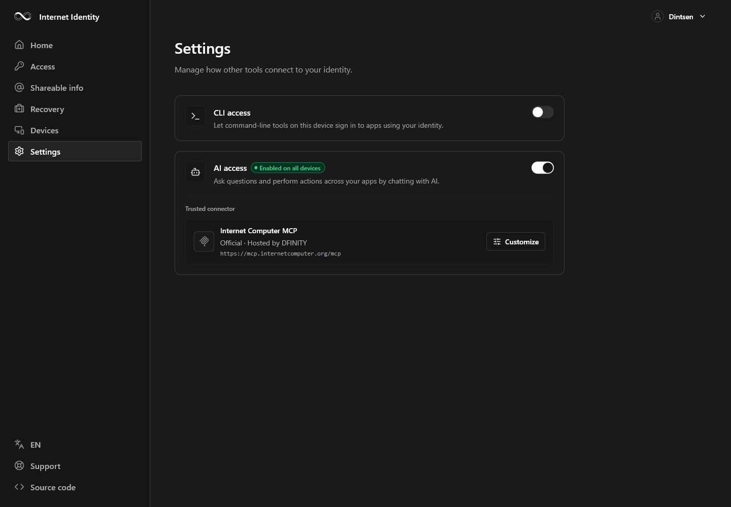 id.ai · Identity settings · Desktop