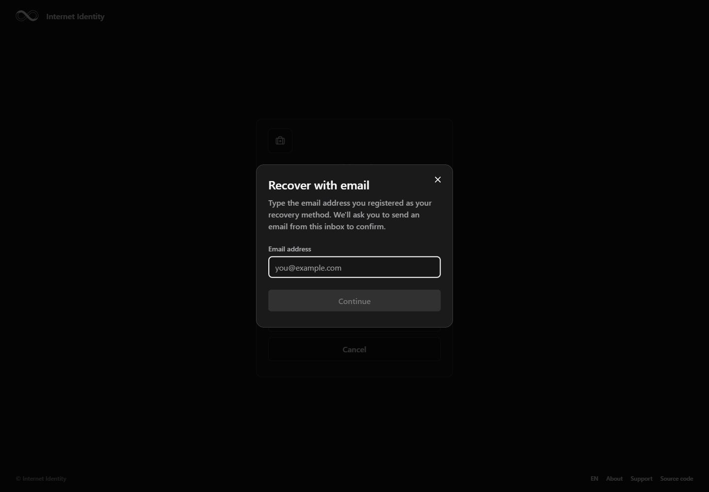Internet Identity · Recovery email · Empty form · Desktop