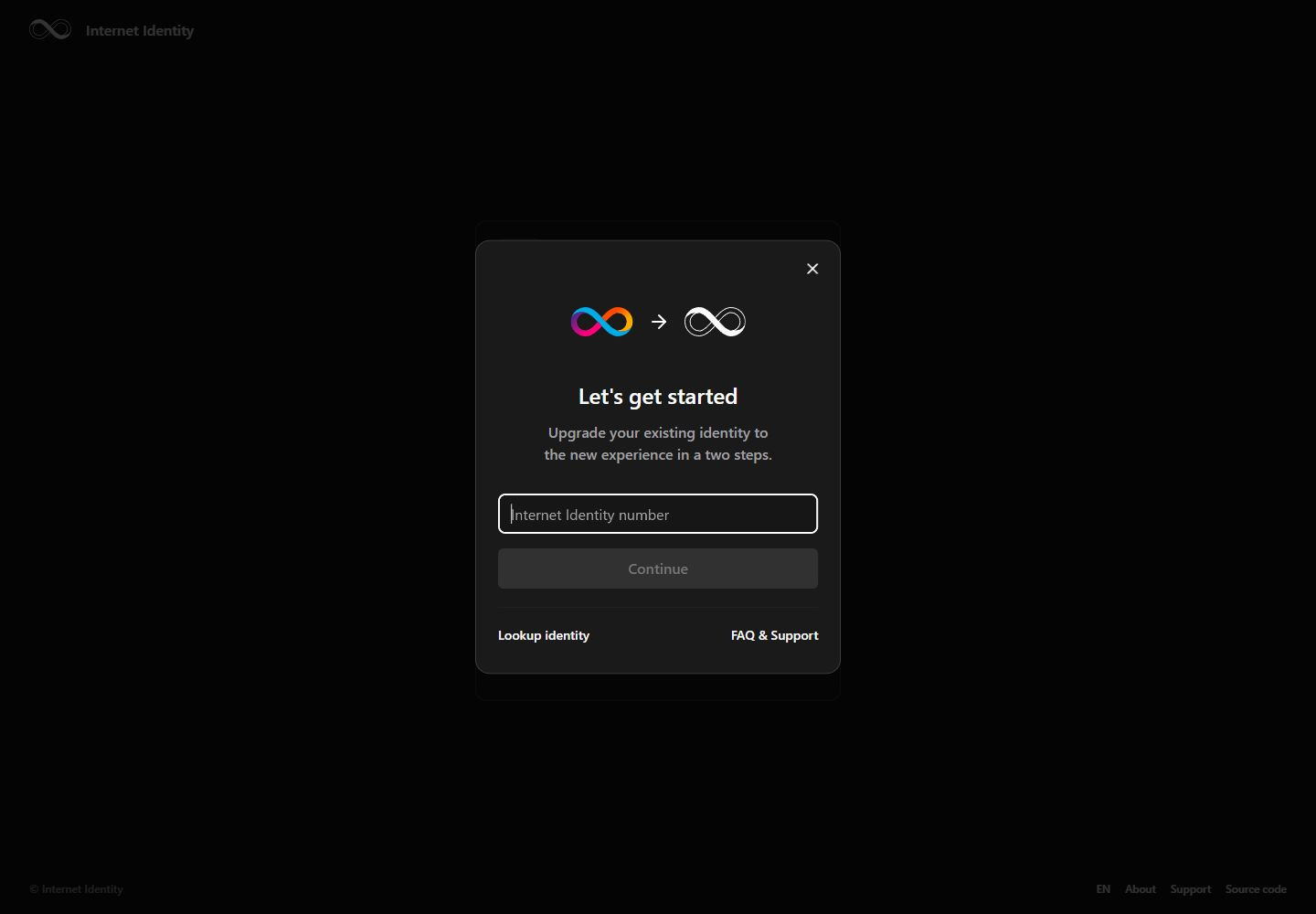 Internet Identity · Legacy identity · Upgrade entry · Desktop