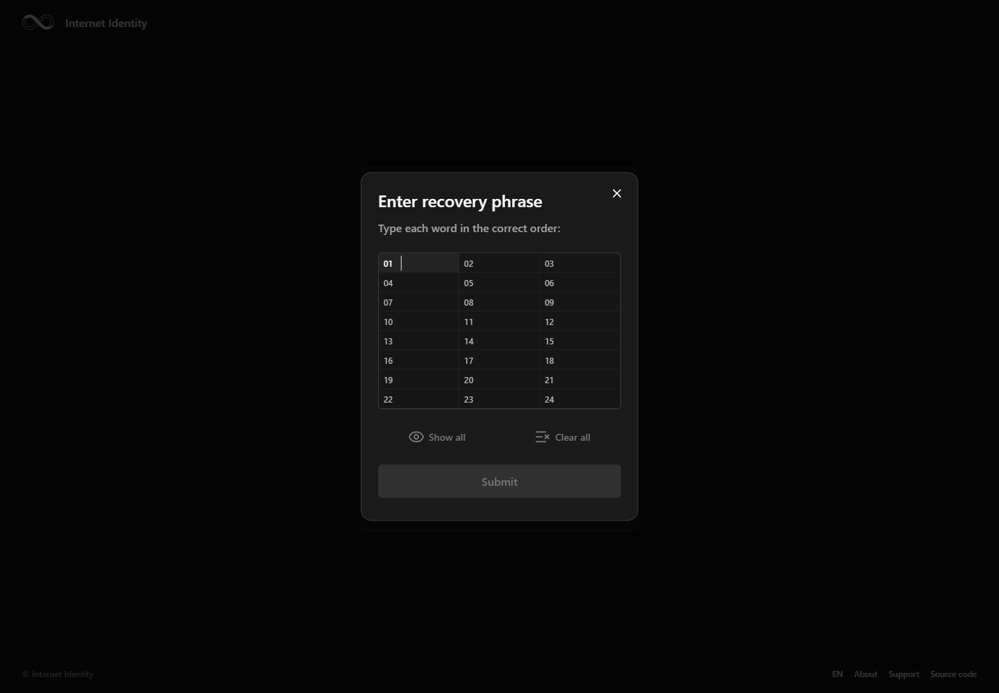 Internet Identity · Recovery phrase · Empty form · Desktop