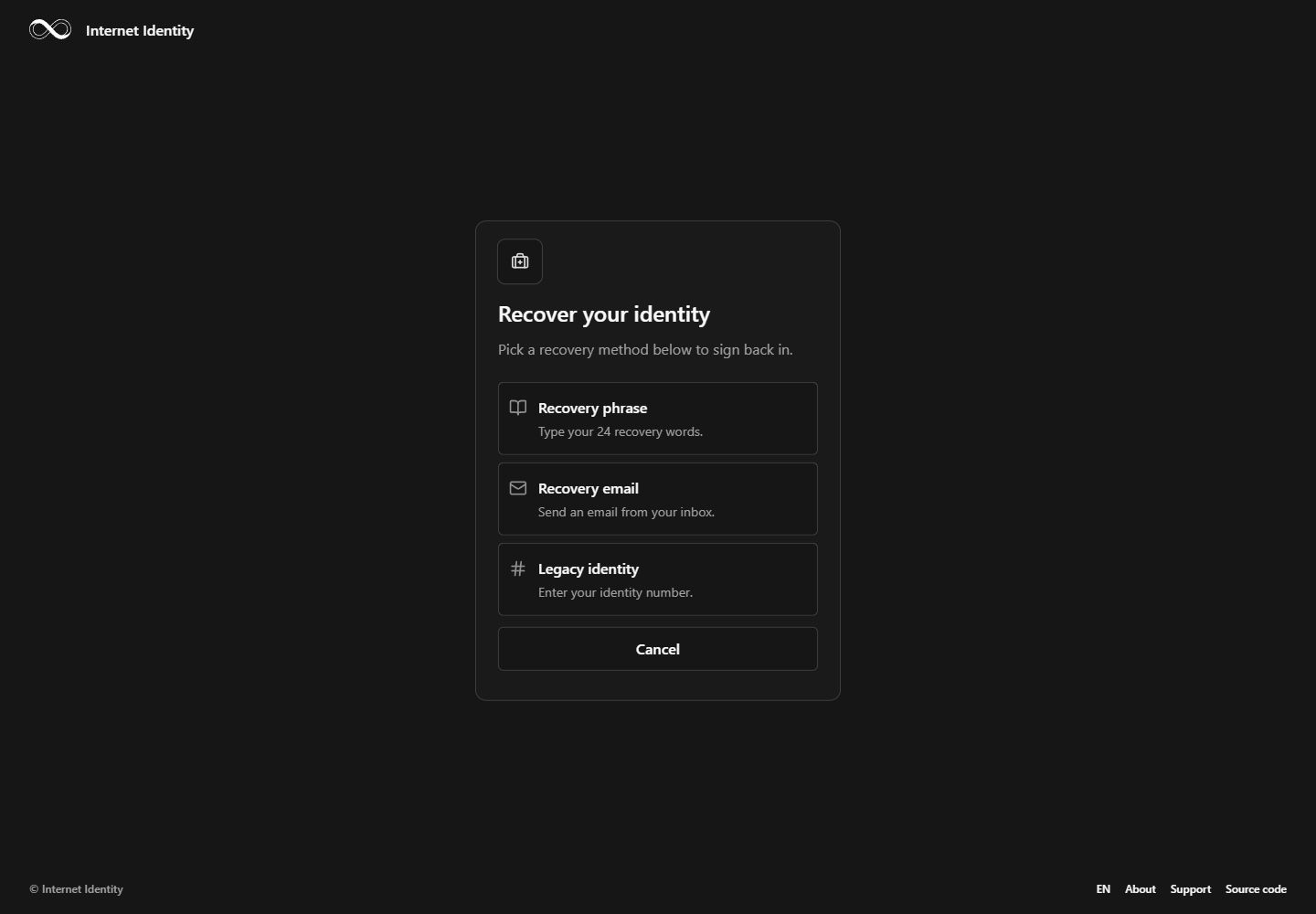 Internet Identity · Choose a recovery method · Desktop