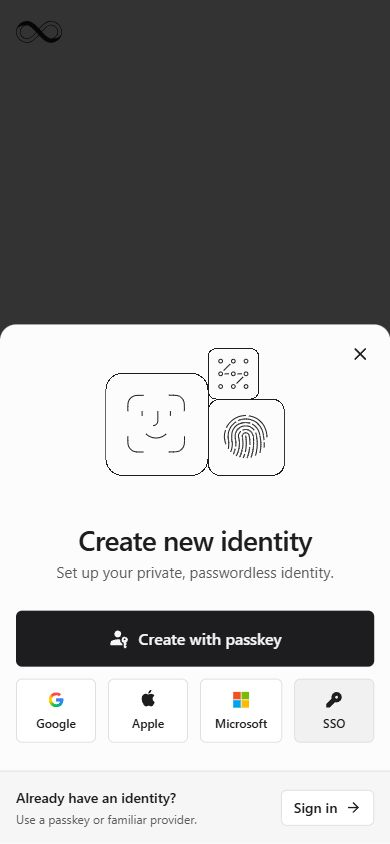 Internet Identity · Create an identity · Authentication method · Mobile